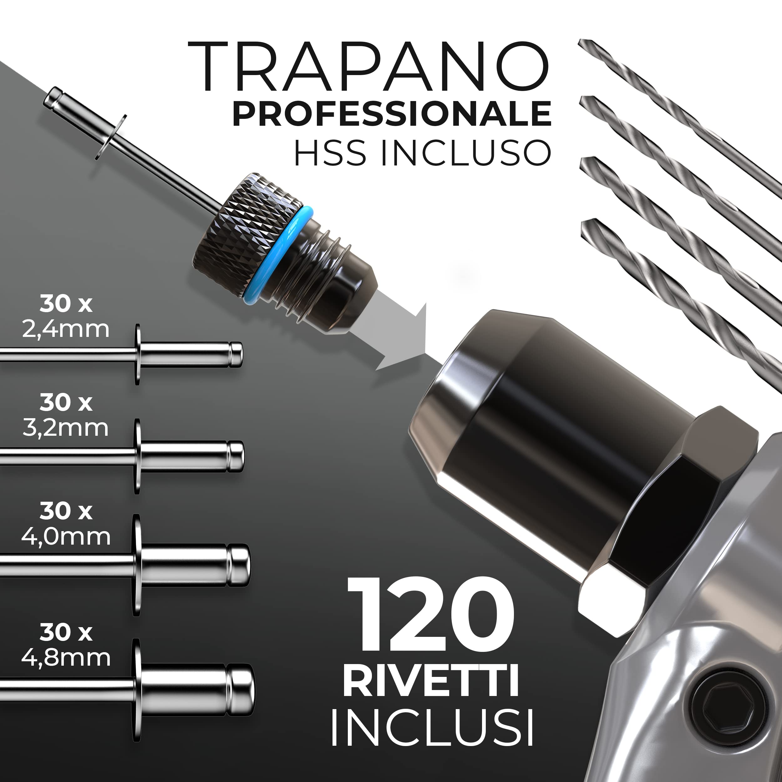KLRStec® Pinze professionali per rivetti inclusi 120 rivetti e 4 perforatori HSS - Tenaglia per rivetti a strappo di alta qualità per lavorare con i rivetti ciechi