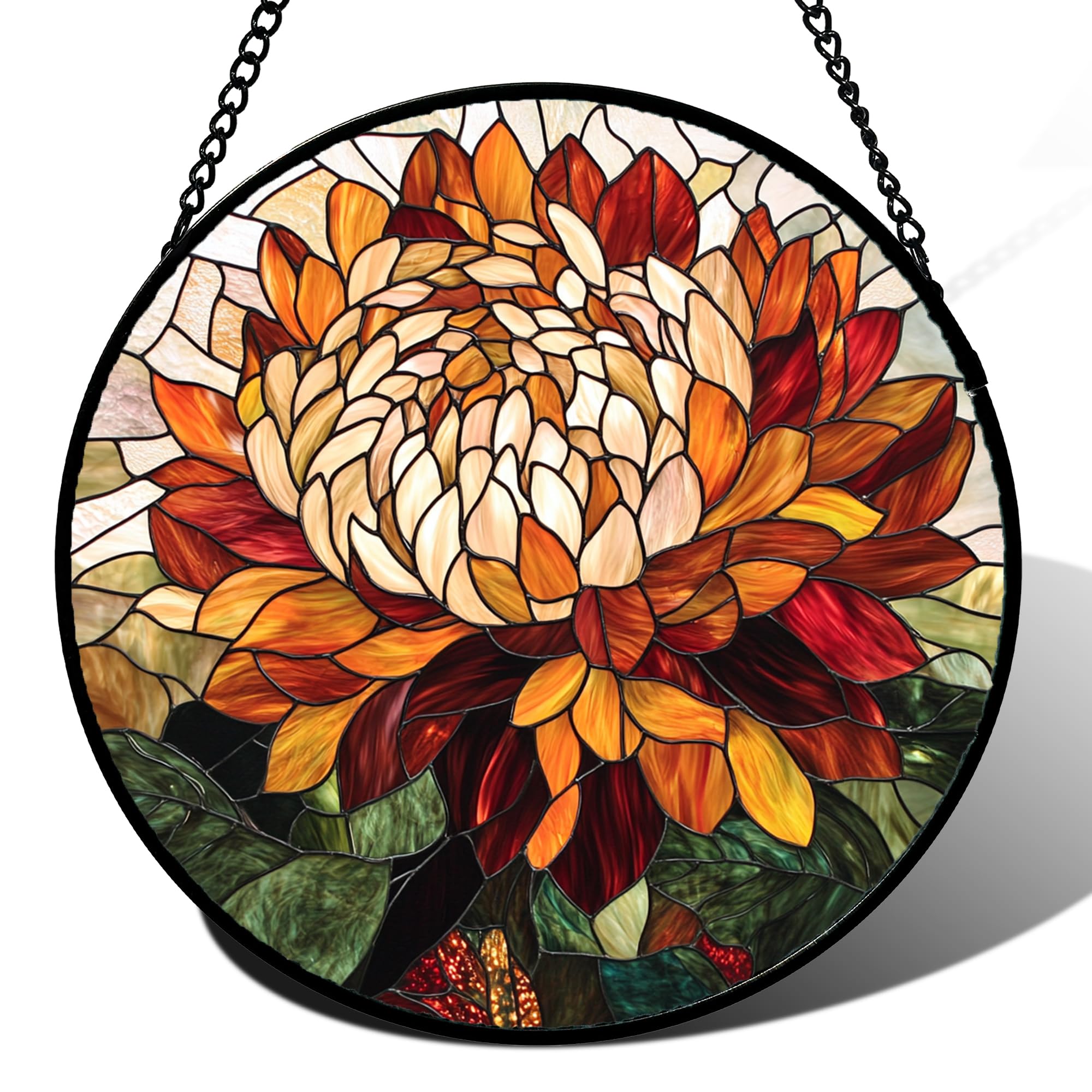 Stained Acrylic Puzzle Suncatcher,7.4in Orange‑Chrysanthemum‑Flower Garden Window Xmas Birthday Gift