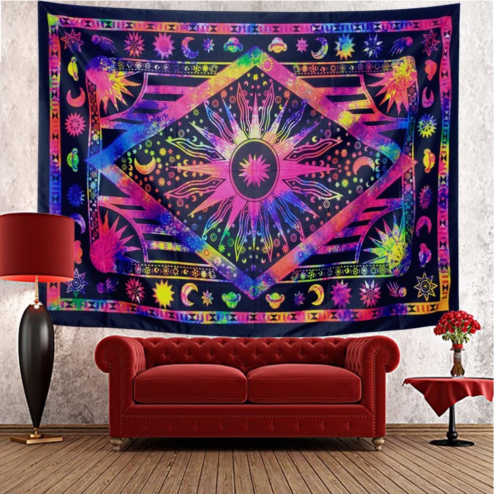 Racunbula Tapestry Psychedelic Celestial Sun and Moon Tapestry Bohemian Stars Planet Wall Tapestries Tie Dye Purple Burning Sun Tapestry Galaxy Mandala Boho Hippie Tapestry Wall Hanging