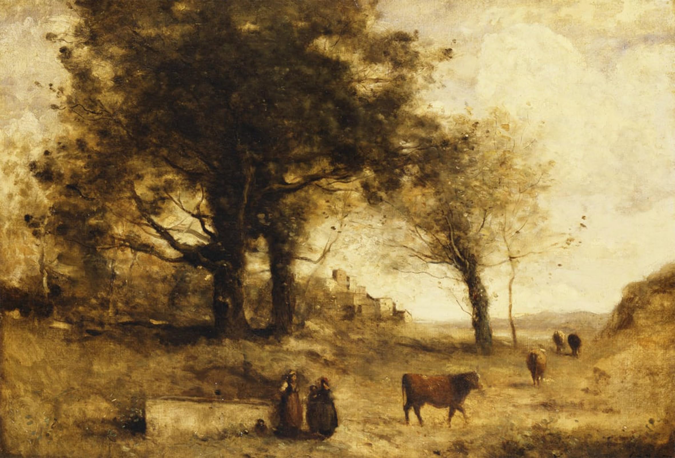 ARTXLXXBN Famous Painting Art Wall Decor Abstract Art Picture The Cows and the Well by Jean Baptiste Camille Corot Animal Pictures for Home Decor 60x90cm