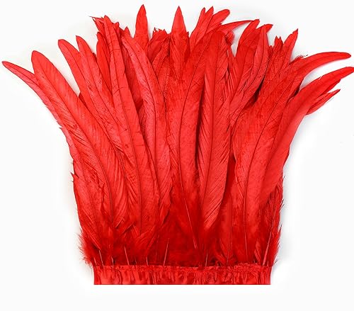 Holmgren Borde de plumas de gallo rojo, 10-12 pulgadas, 2 yardas, plumas de gallo natural, ribete de flecos para manualidades de costura, chal de