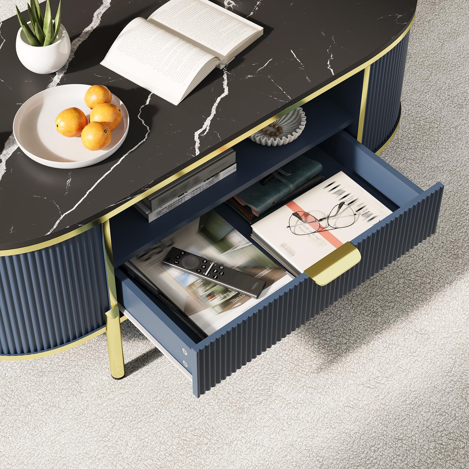 Tables Basses de Salon, Table Basse Ovale Moderne avec Tiroir, Plateau Imitation Marbre et Décor en Métal Doré de Table de Salon pour Le Salon, Bureau,122x56x48cm,Bleu