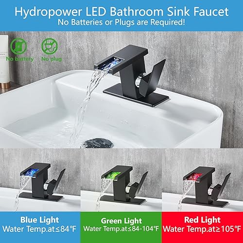 Miniatura 2 de Kyatinsal Grifo de lavabo de baño con luz LED para 1 agujero, cascada, color negro, una manija, grifos de tocador de baño para fregaderos con