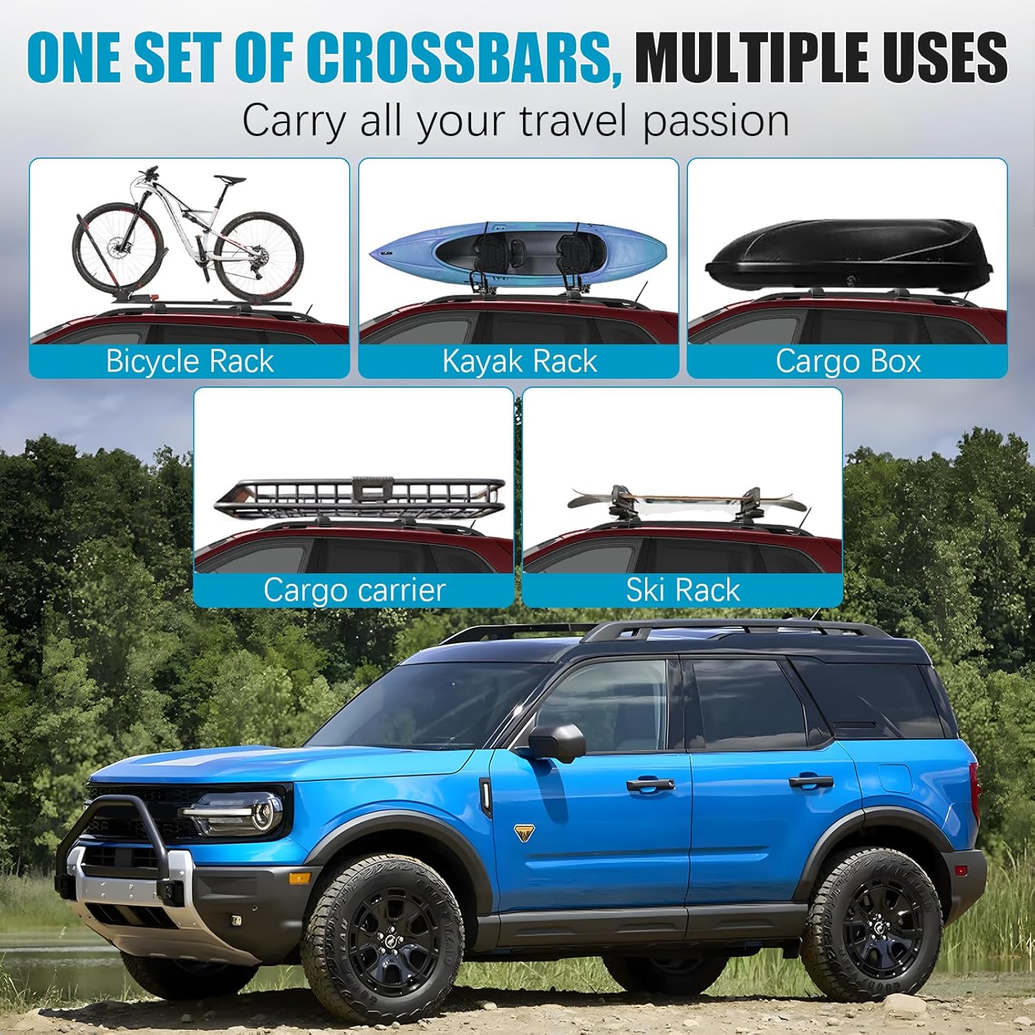 265lbs Roof Rack Cross Bars for Ford Bronco Sport (Off-Road) Badlands 2021-2025 & Outer-Banks 2022-2025 & First Edition 2021, Roof Rack CrossBars for Bicycle, Kayak, Cargo, Cargo Carrier, Skiboard