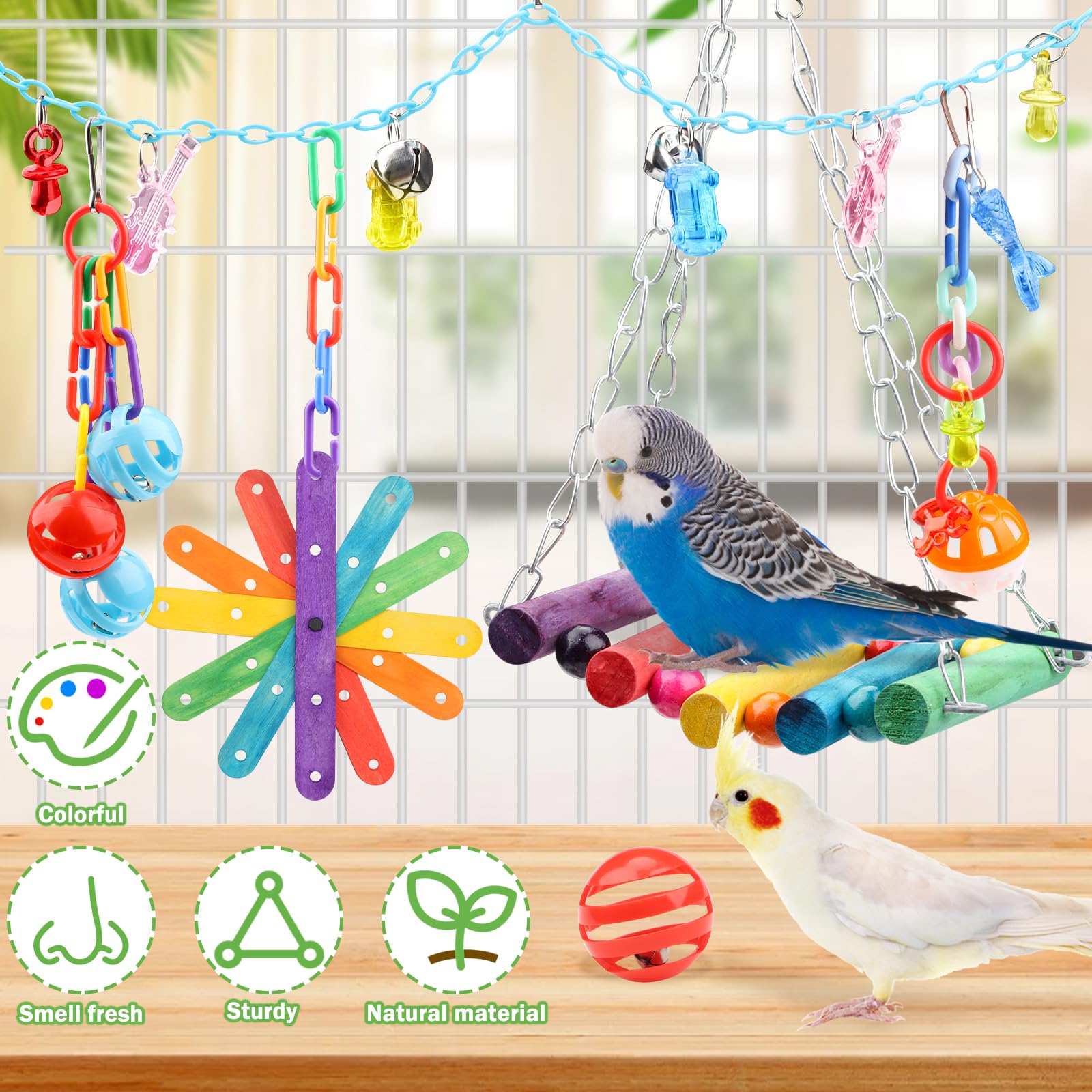 QUOZUO Jouets pour Oiseaux, 9 Pièces Jouet Perroquet, Jouets à Mâcher à Suspendre, Accessoire de Cage à Oiseaux, Balançoire, Échelle, Cloches, pour Perroquet, Pinsons