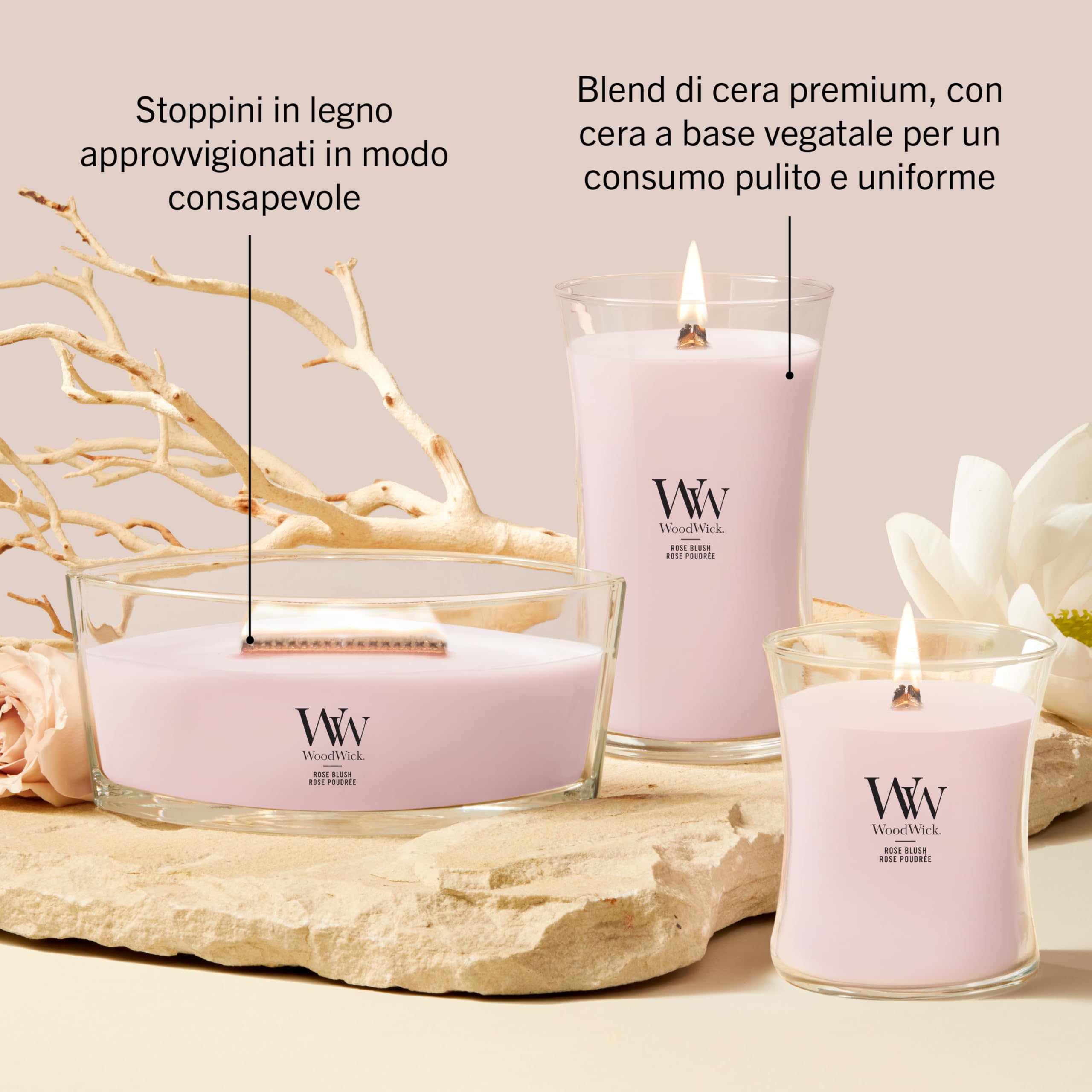 WoodWick Candela profumata | Candela a clessidra grande | Rose Blush | Regali perfetti per donne