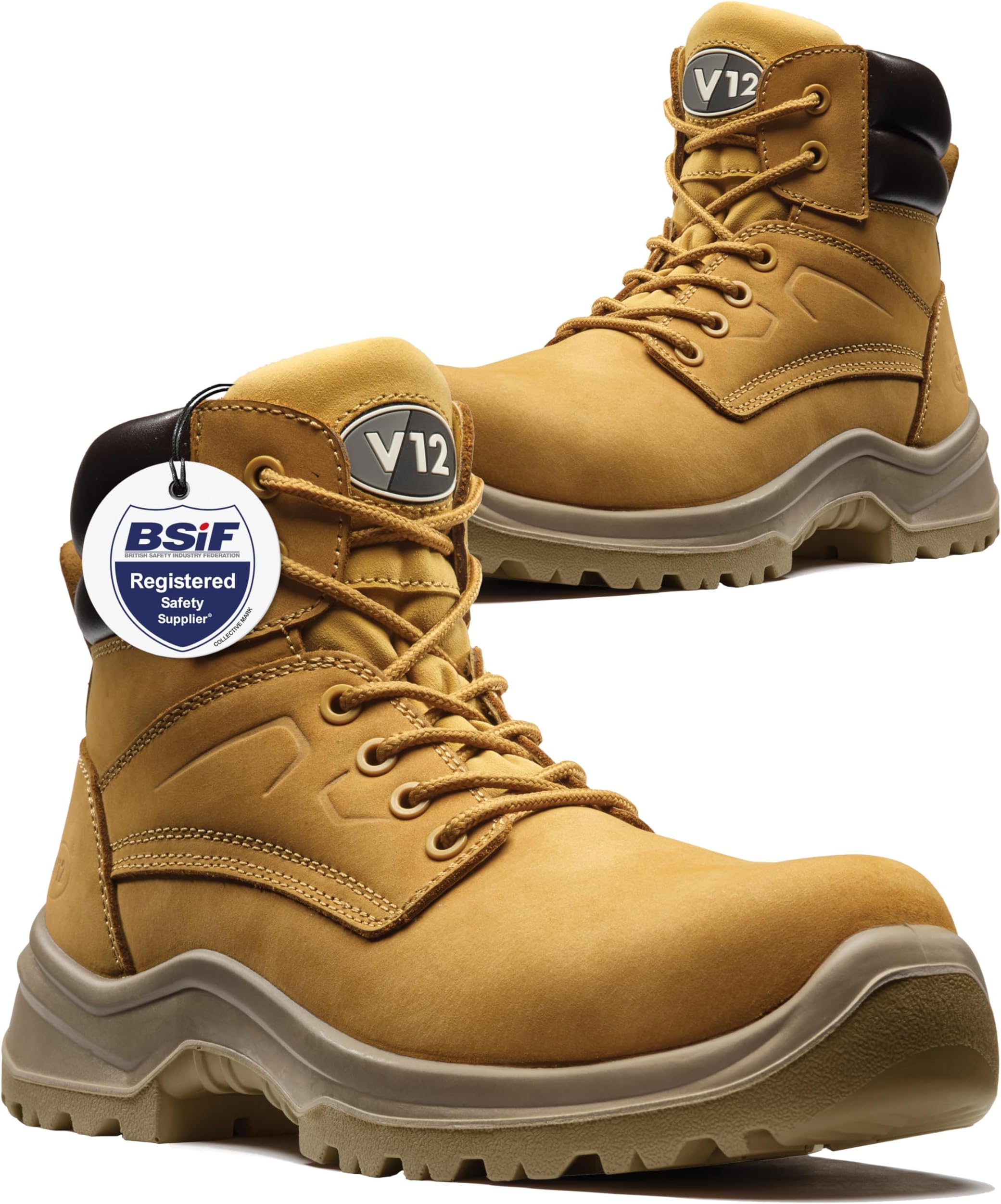 V12 Bobcat STS Honey S1P SRC Safety Work Boots for Men - Composite Toe Cap, Anti-Penetration Midsole, Slip-Resistant, Lightweight Steel Toe Boots - Size 9