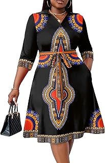 Plus Size Midi Dress for Women - Printing Summer Dresses for Wedding Guest Cocktail Party 3/4 Sleeve V Neck(L-5XL)