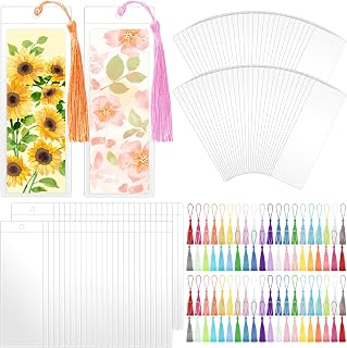 100 Sets Kraft Paper Blank Bookmarks with Tassels and Clear Bookmark Sleeves, Cardstock DIY Bookmark Making Kit for DIY Craft Projects, Gift Tag, School Supply, Party Favor