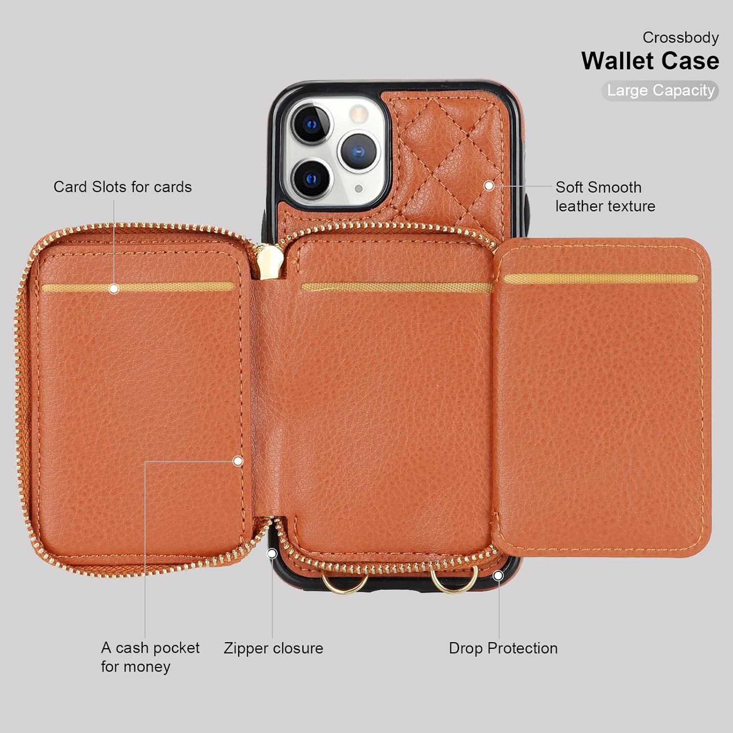 Bocasal Crossbody Wallet Case for iPhone 11 Pro, RFID Blocking PU Leather Zipper Handbag Purse Flip Cover, Kickstand Folio Case with Card Slots Holder Wrist Strap Lanyard 5.8 Inch (Brown)