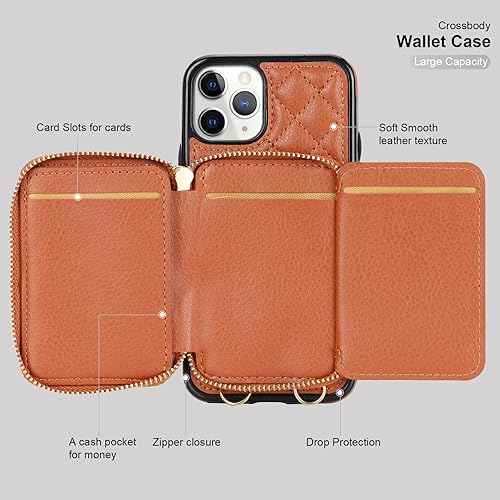Miniatura 8 de Bocasal Funda tipo cartera cruzada para iPhone 11 Pro, de piel sintética con bloqueo RFID, con cremallera, funda tipo cartera con función atril y