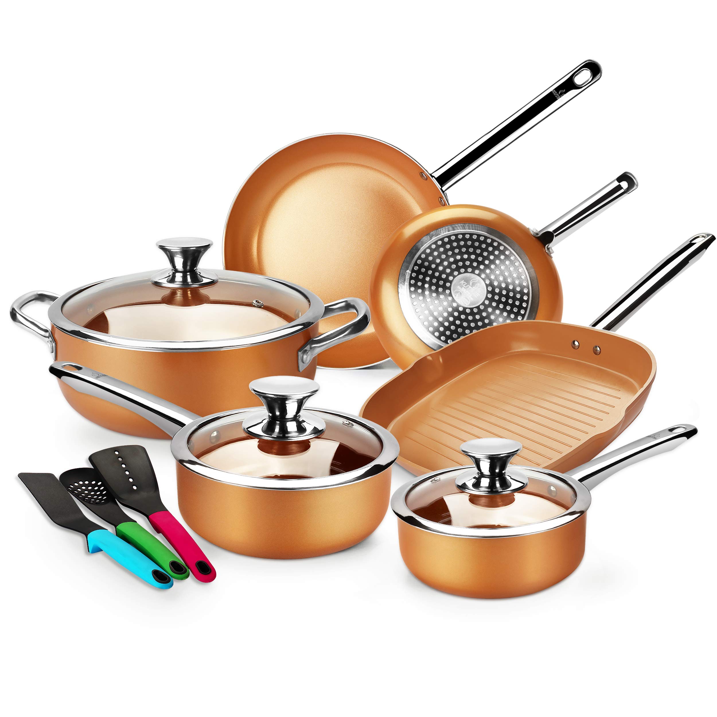 KUTIME 12pcs Nonstick Cookware Set, Pots and Pans Set with Stainless Steel Handles, Frying Pan Set Copper Ceramic Coating ...