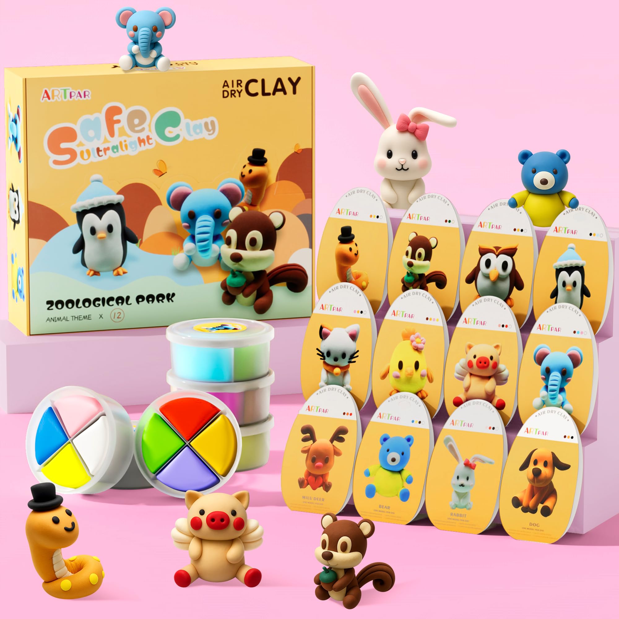 ARTPAR Air Dry Clay Kits for Kids-Modeling Magic Clay,12 Animals DIY Molding Clay Art Crafts Set,Ultra Light & Soft, Safe & Non-Toxic with Sculpting Tools & Tutorials, Unique Gifts for Boys & Girls