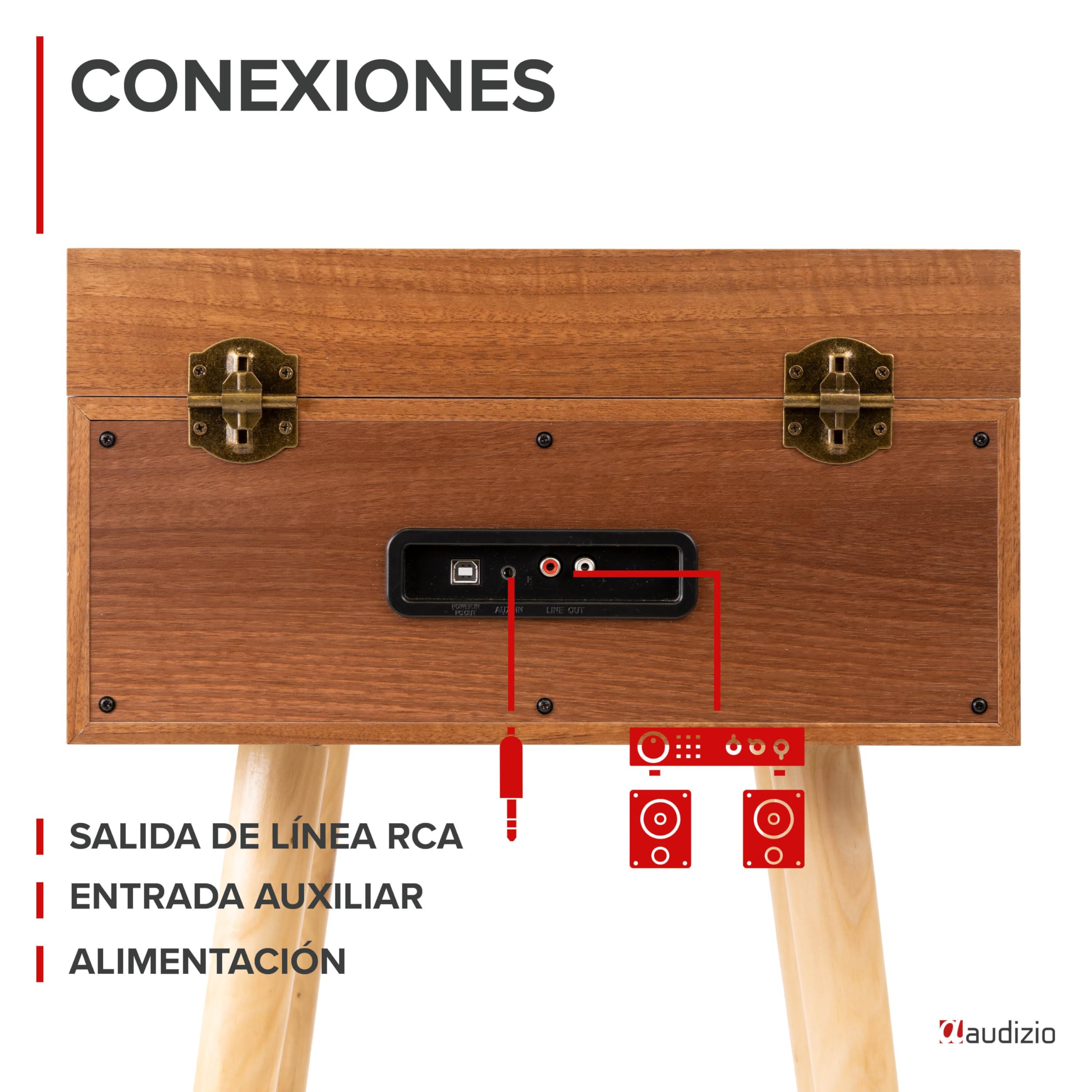 Audizio Fremont - Tocadiscos Retro con Patas de Madera, Bluetooth bidireccional, USB para digitalizar vinilos, Altavoces estéreo, RCA, 3 velocidades, Entrada AUX y Salida de Auriculares Color Madera