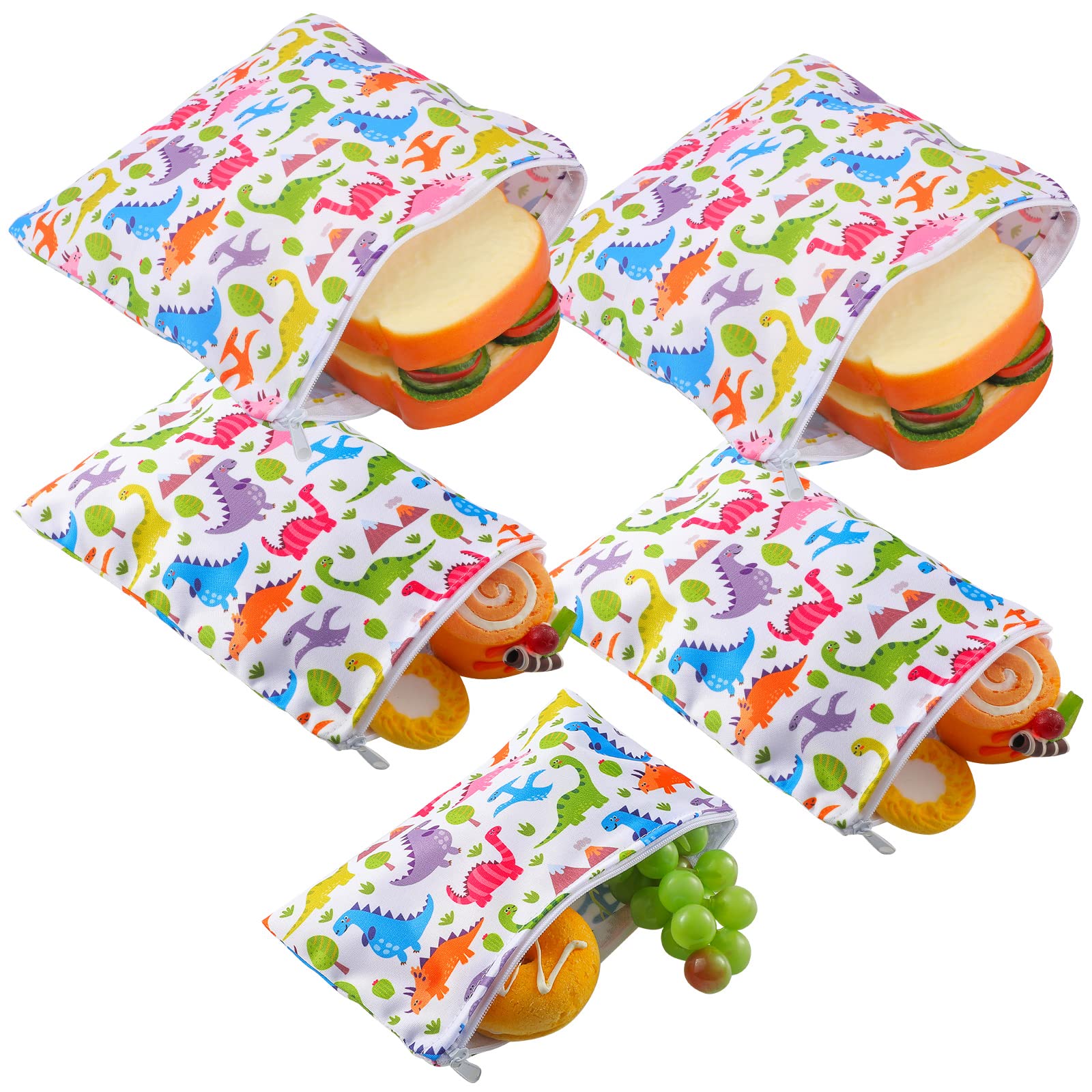 5 Pieces Reusable Snack Bags for Kids Sandwich Bags Washable Food Safe Lunch Bags Snack Pouch with Zipper for Students Adults Store Preserves, with 2 Large 2 Medium and 1 Small Bags