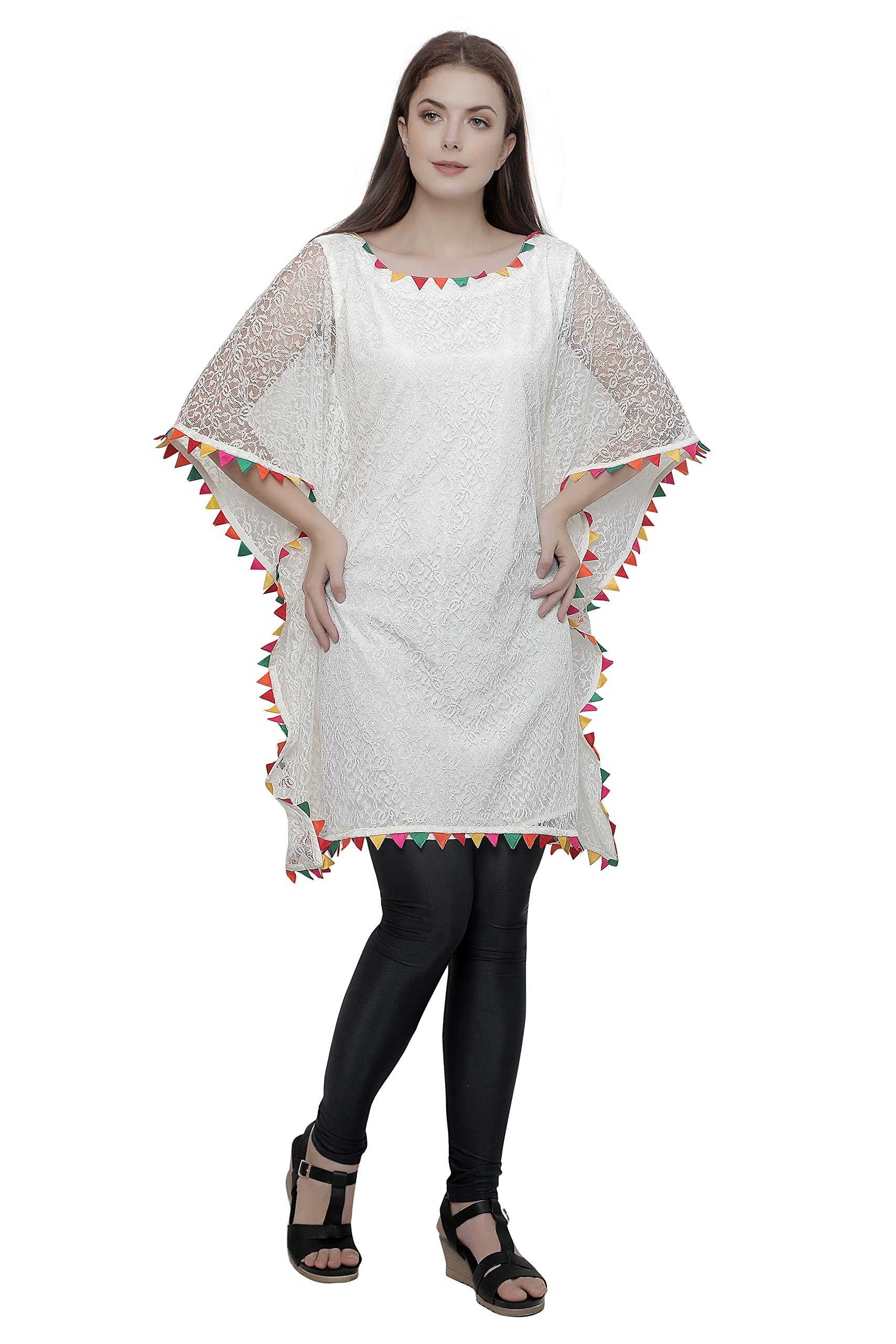 MAXIM CREATIONCream Floral Net Beach Caftan with Colorful Trim Ragular to Plus Size