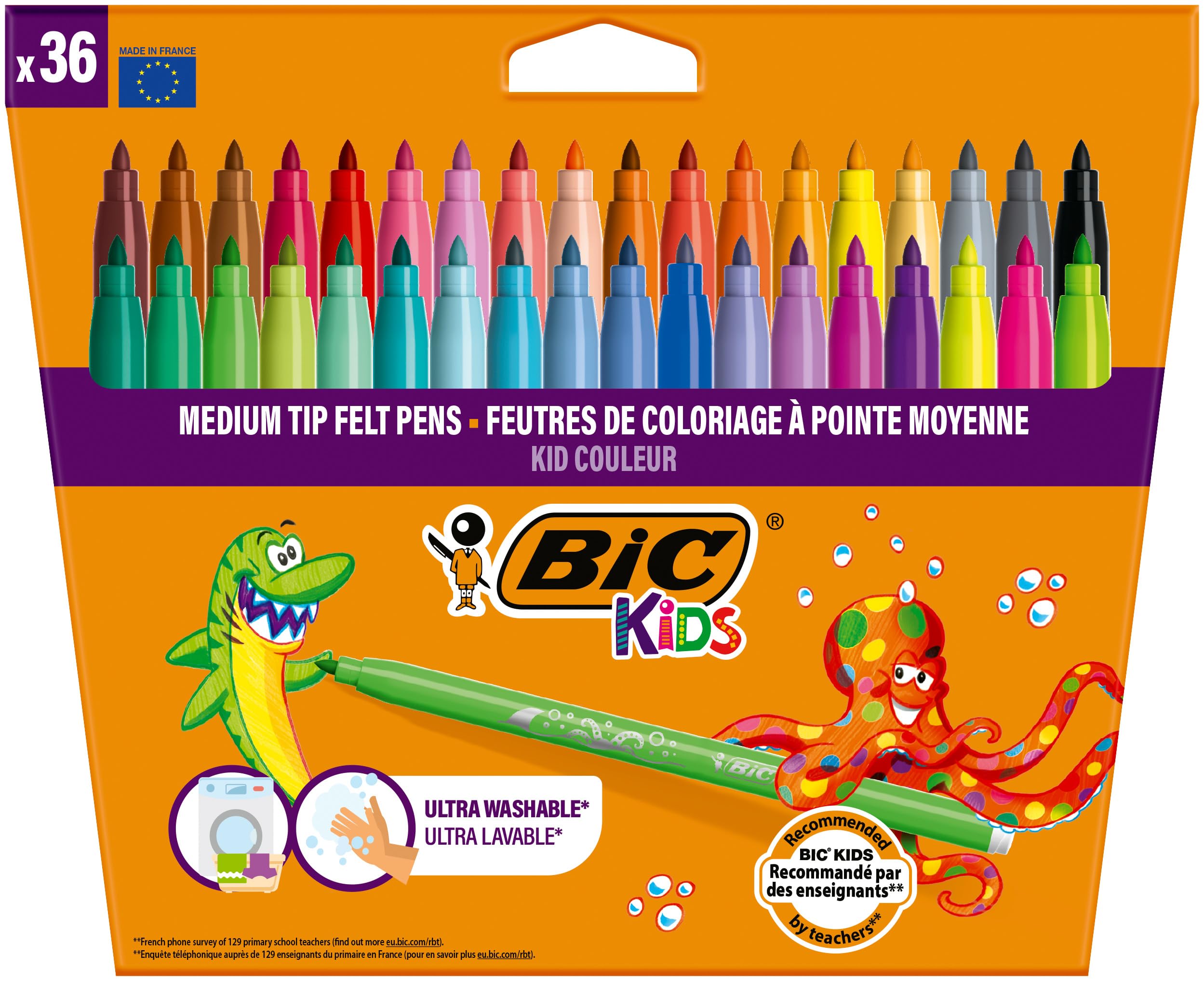 BIC Kids Kid Couleur, Rotuladores Lavables para Niños, Punta Media, Colores Surtidos. Ideales para Actividades Creativas. Estuche de 36 Rotuladores.