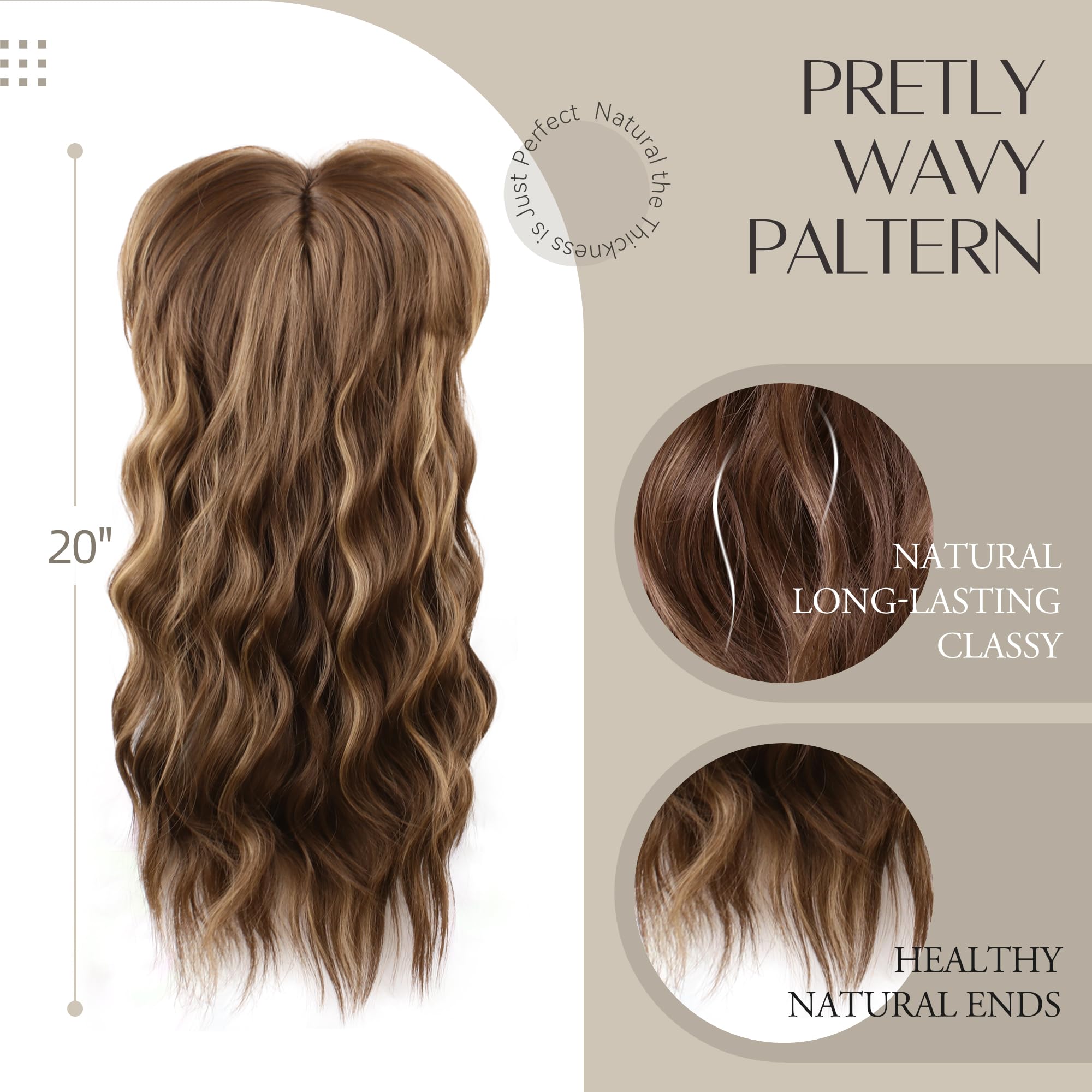 Hair Toppers para mujer: 20 rizado ondulado, rubio miel y marrón claro sintético clip en pelo con flequillo y volumen 2