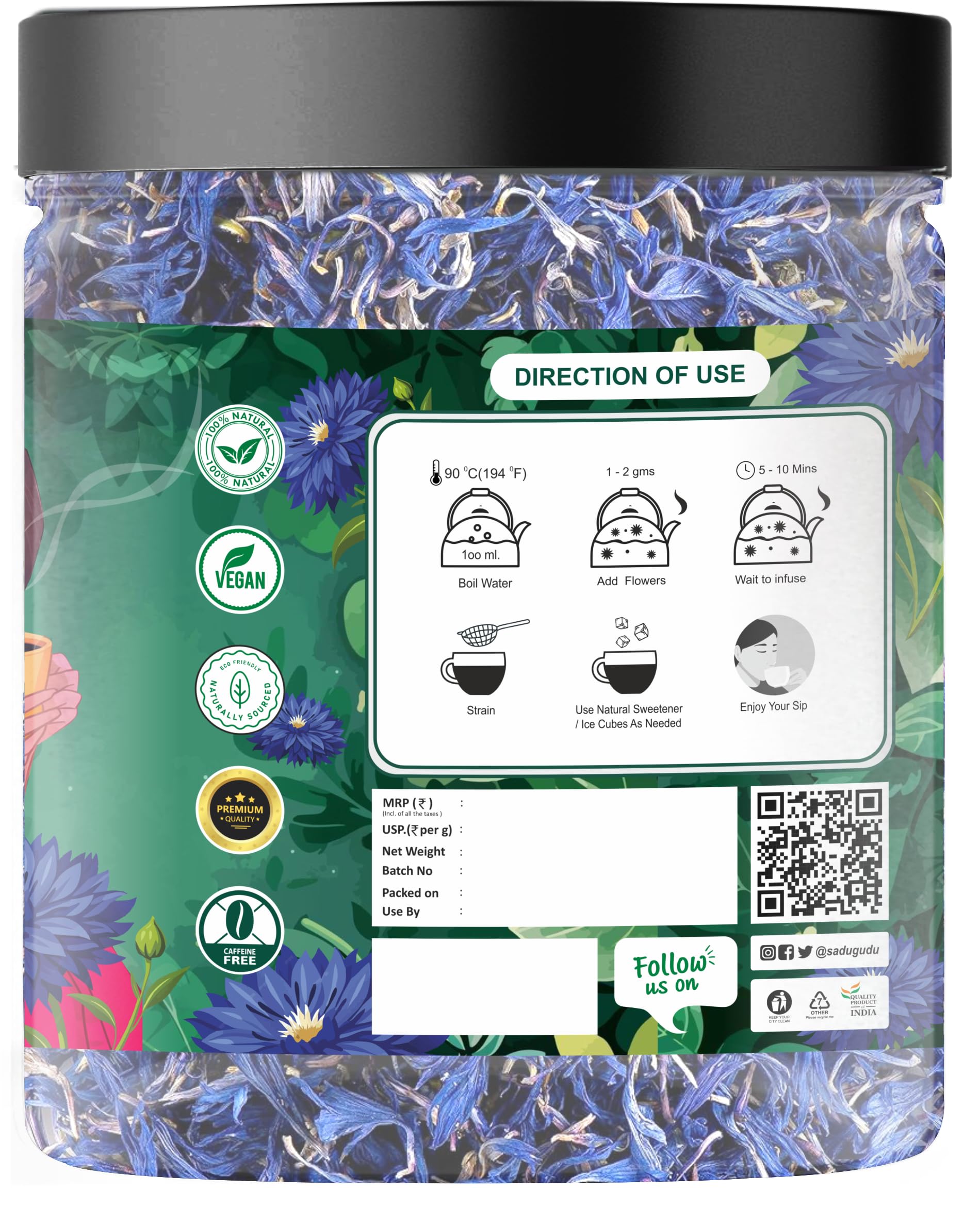 Sadu Gudu Blue Corn Flower Tea, 100% Natural Loose Petals, Caffeine-Free Herbal Tea, Rich in Antioxidants, Supports Digestion & Relaxation, 30g Floral Infusion Jar 1