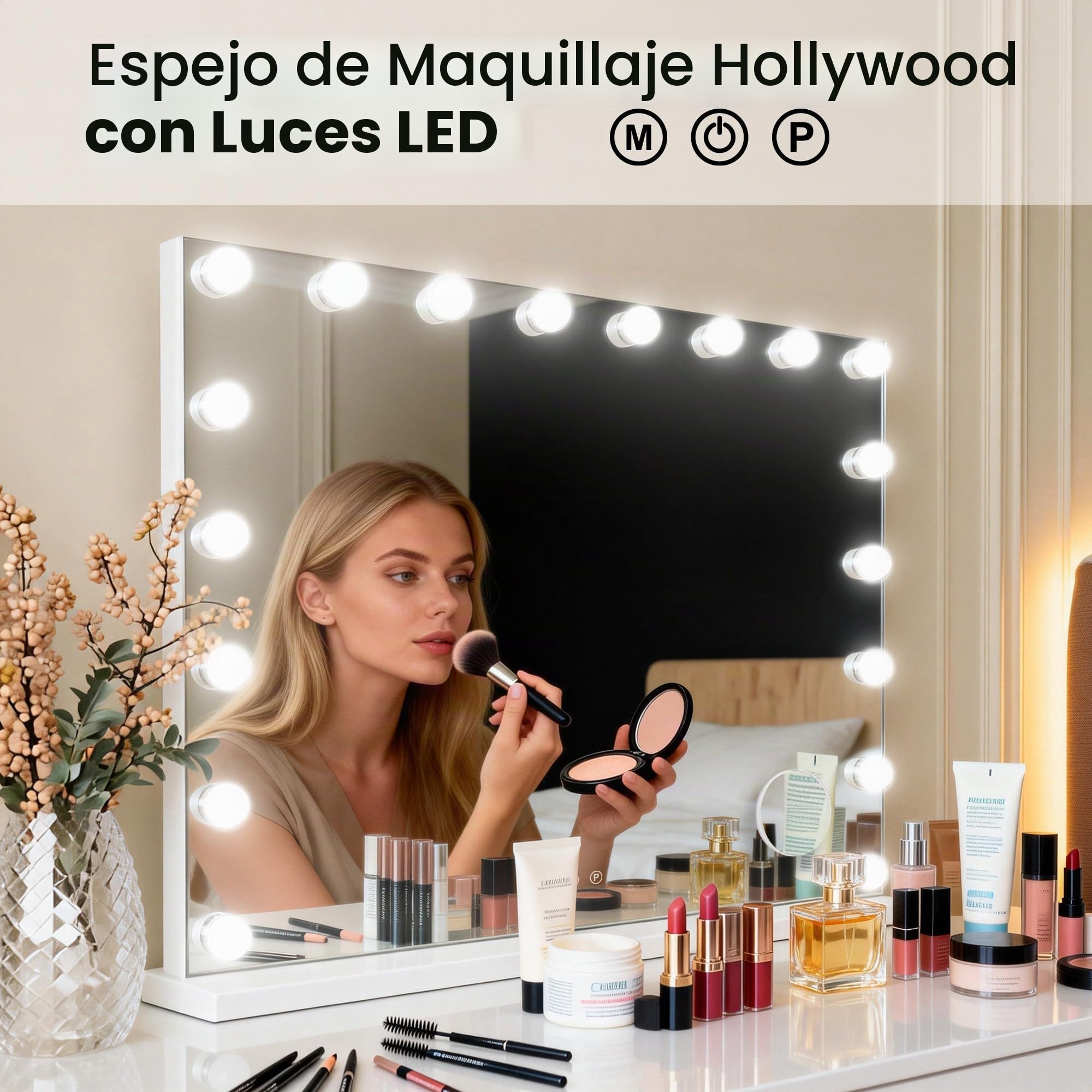 MIQU Espejo Maquillaje con Luz 80x60cm,Espejo Tocador Hollywood con 18 Bombillas LED,3 Modos de Luz,Intensidad Ajustable,con Puerto USB/Type-C,Aumento,Control Táctil,para Mesa o Pared