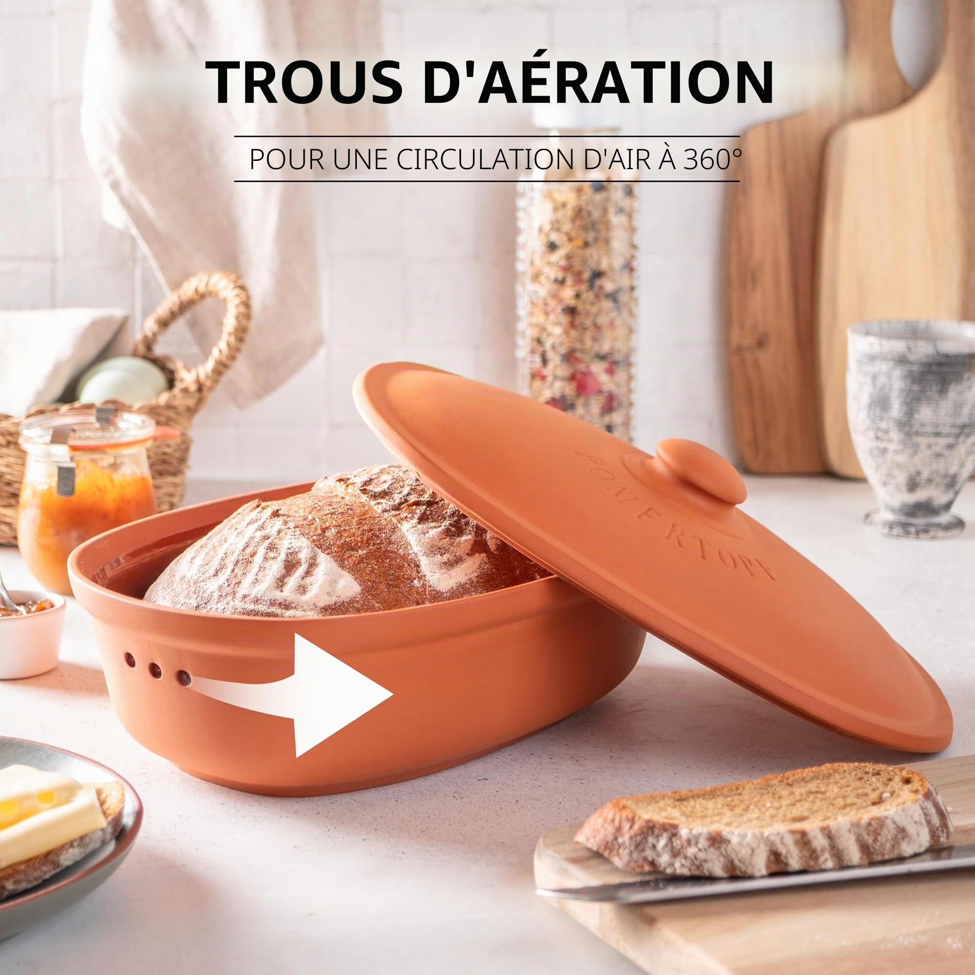 Römertopf Pot à pain ovale en terre cuite naturelle 2 L, système de ventilation et régulation d'humidité, 30 x 21 x 15 cm, terracotta