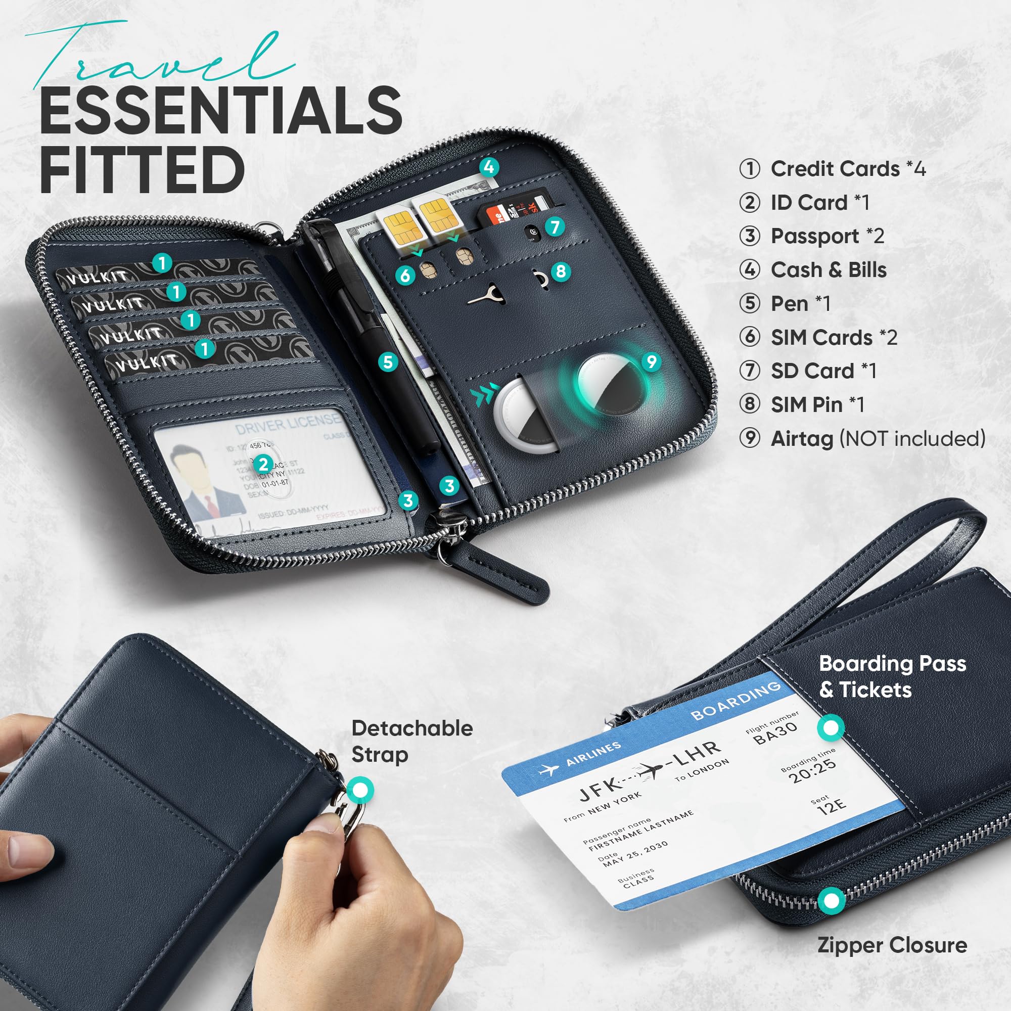 VULKIT Billetera de Viaje para Pasaporte con Soporte para AirTag Bloqueo RFID de Cuero Ideal para Documentos y Artículos Esenciales de Viaje en Avión