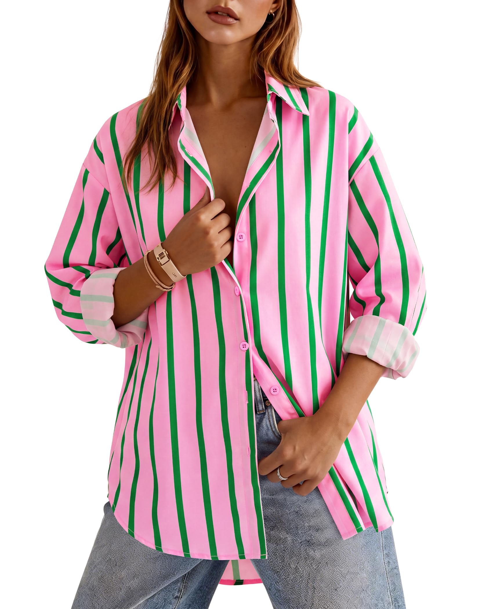 siliteelon Button Down Shirts Women Striped Long Sleeve Oversized Blouses | Collared Wrin…