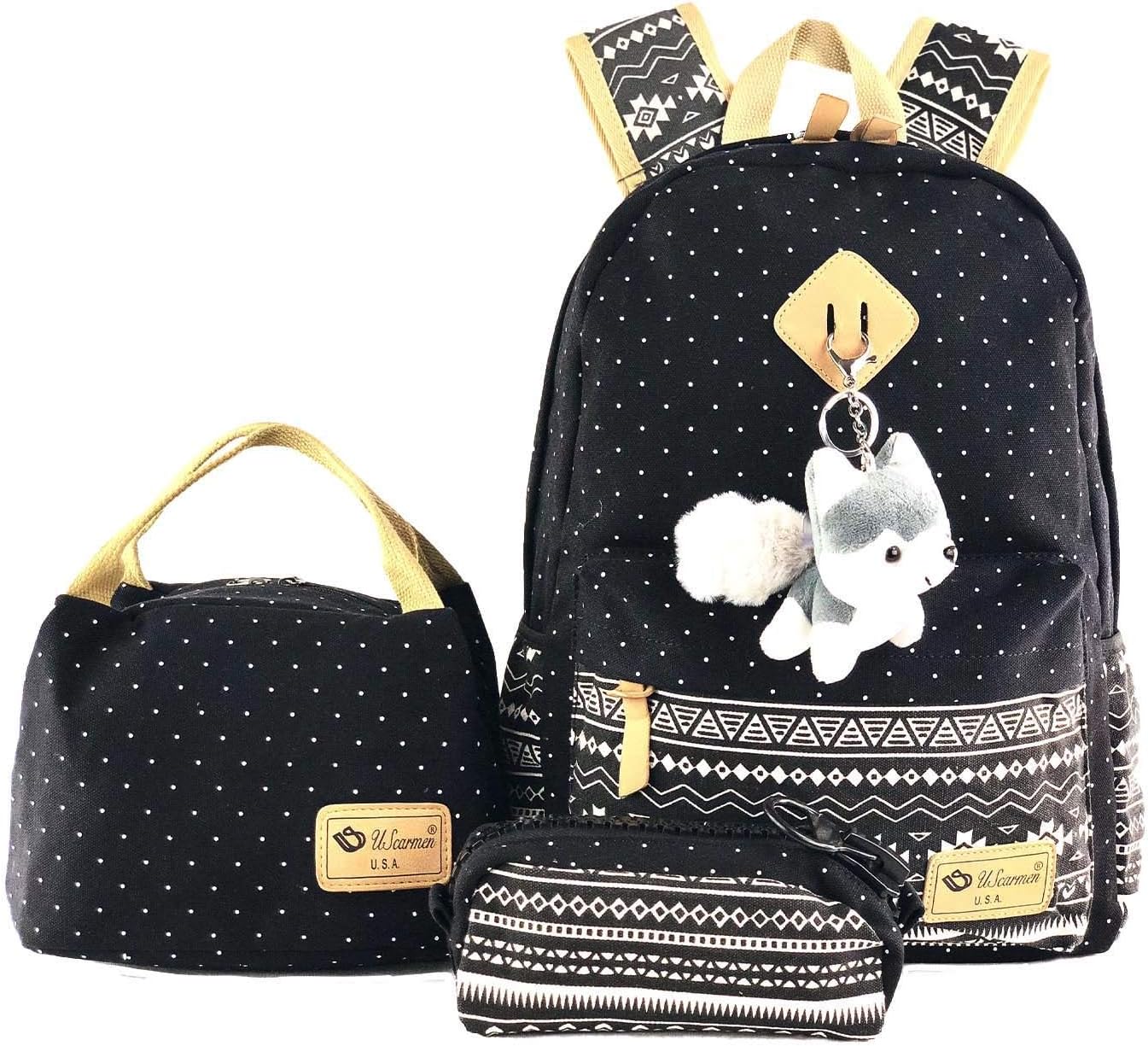 Boy Girl Woman Backpack Canvas Lunch Bag Pouch Bag 3 Pcs Set Backpack for College Students