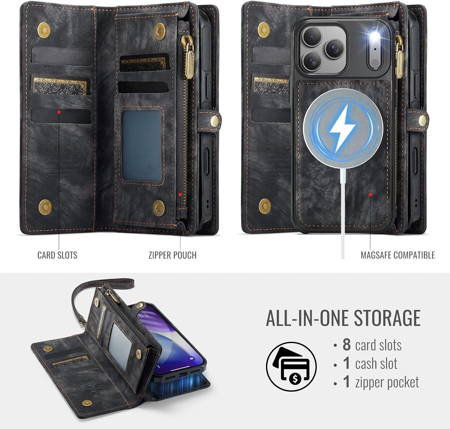 2-in-1 Wallet Case for iPhone 17 ProMax / 17 Pro / 17 Air/17, Magnetic Detachable PU Leather Case with RFID Blocking, Card Slots, Zipper Pocket,Wrist Strap,Compatible with MagSafe(Pink,17 Pro)