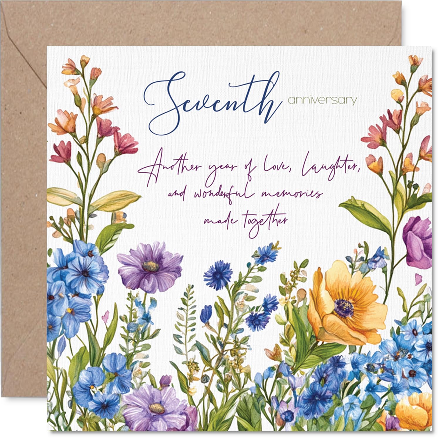 7th Anniversary Card for Women Men - Floral Garden Flowers - Happy 7 Year Anniversary Card for Companion Boyfriend Partner Girlfriend, 145mm Wedding Anniversaries Greeting Cards