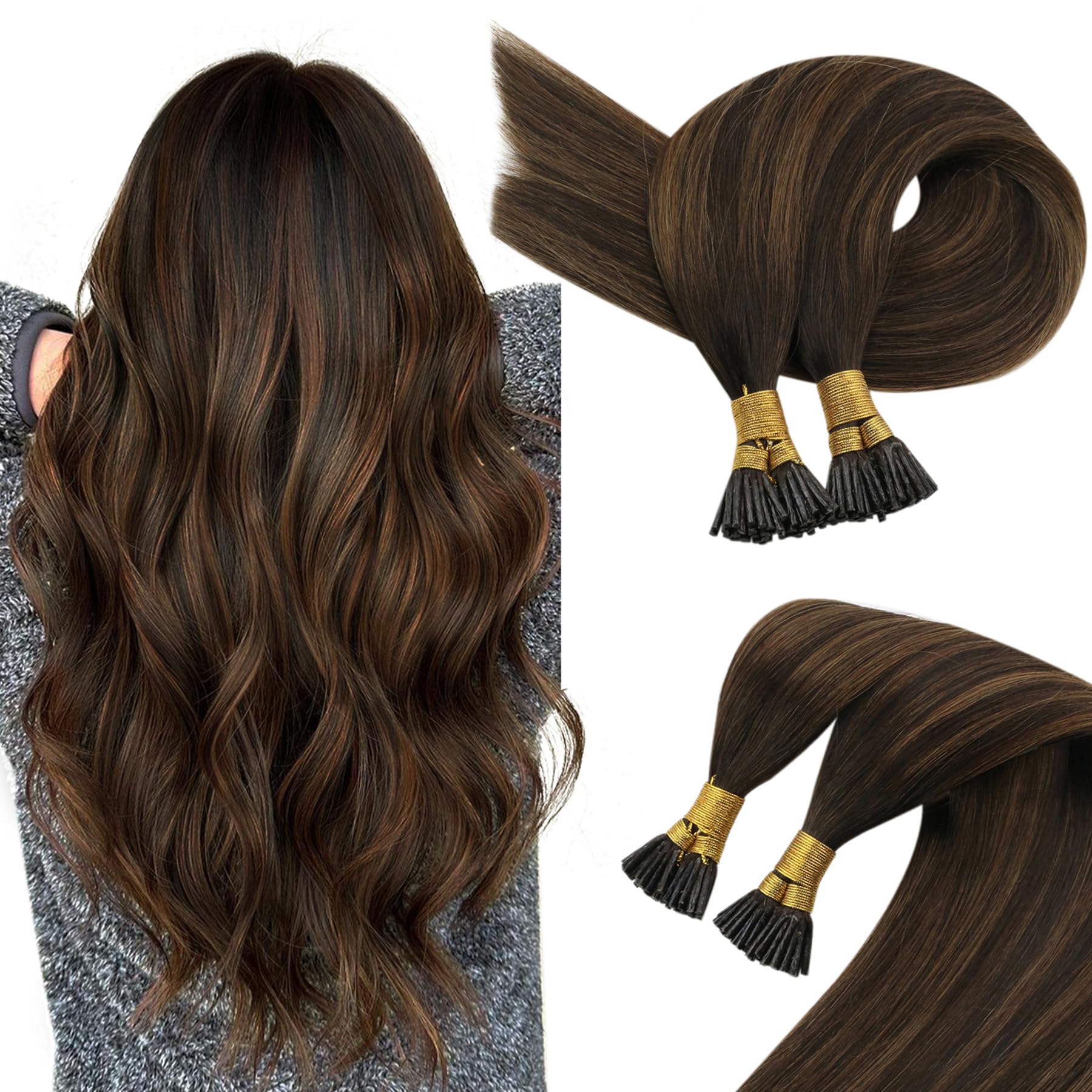 [Sunny & Ve Sunny]Sunny Itip Hair Extensions Dark Brown Balayage Medium Brown with Highlight Bundle with Ve Sunny Ponytail Hair Extensions Same Color 14inch