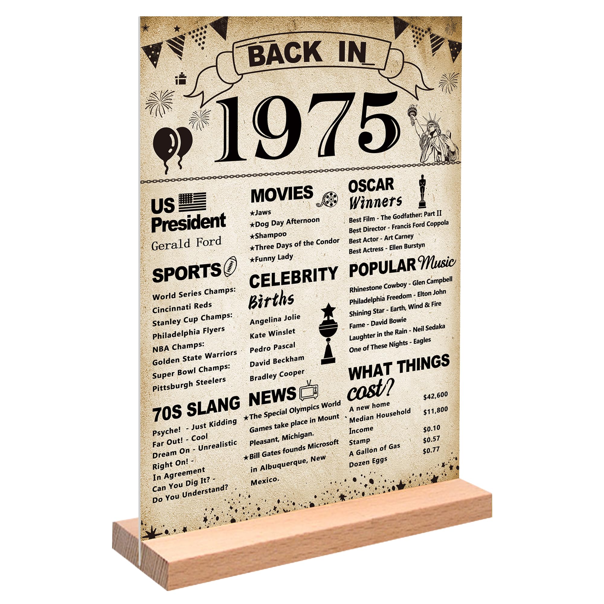 DARUNAXY 51st Birthday Party Decorations, Vintage Back in 1975 Poster Acrylic Sign with Stand 51 Year Old Party Supplies for Men&amp; Women Vintage 1975 Table Decor 51st Anniversary Class Reunion Gifts