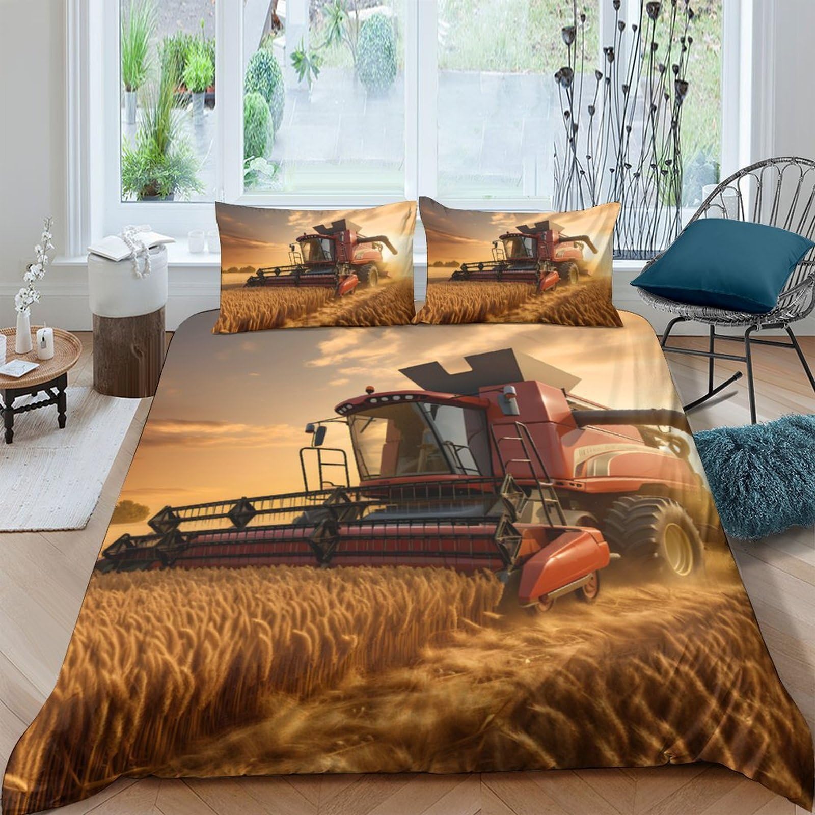 Ctjqhvkz Style-7 3D Printed Harvest Tractor Fitted Sheet Microfiber Soft Farm Sunset Bed Sheet For Bedroom Decor Mattress Protection Single（135X200cm）