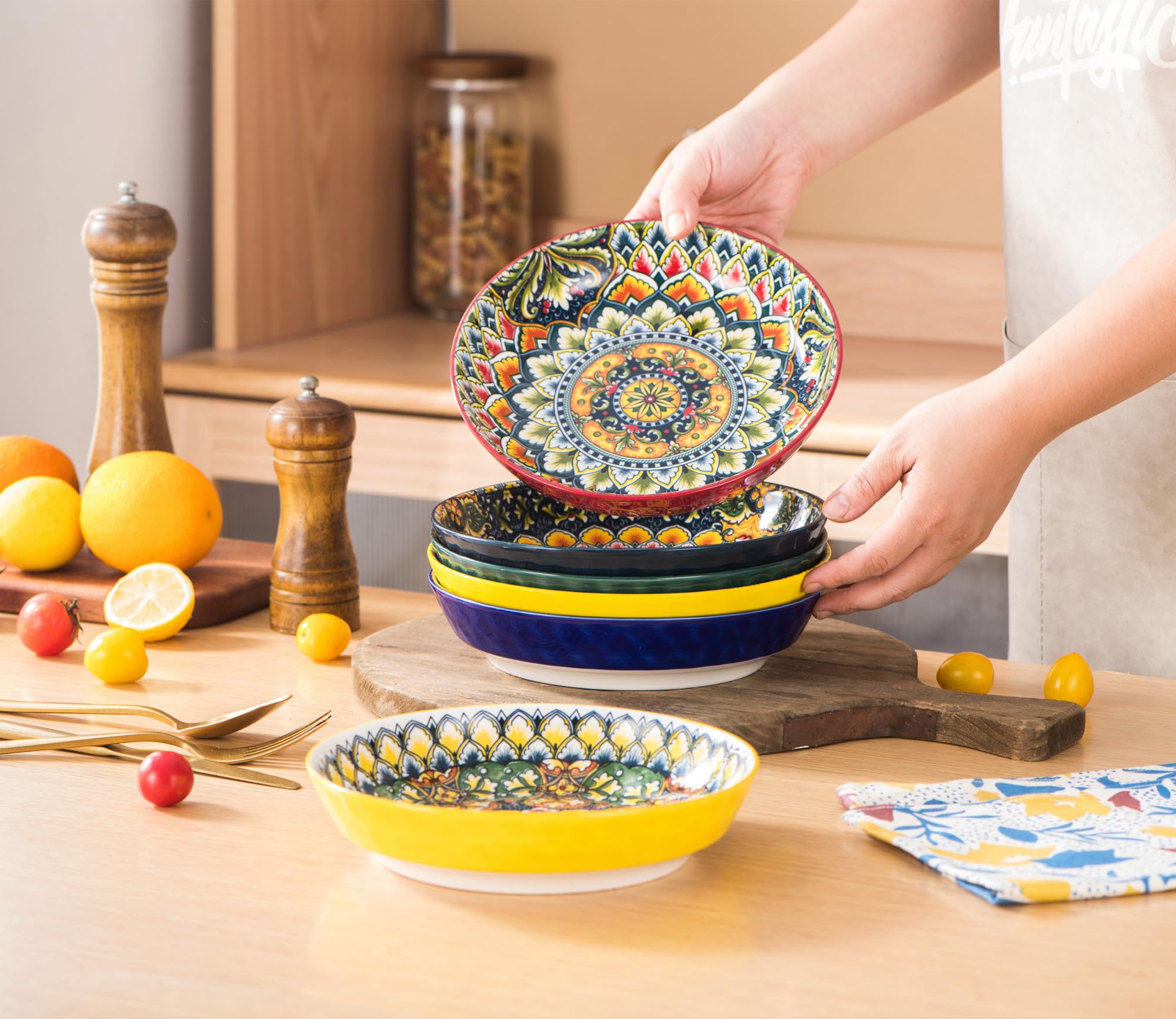 Henten Home Set di 6 Piatti Fondi, Piatti per Pasta/Spaghetti, Ciotole per Pasta/Rame, Ciotole Grandi per Insalata 810 ml, Set di Piatti per Zuppe - Stile Bohémien