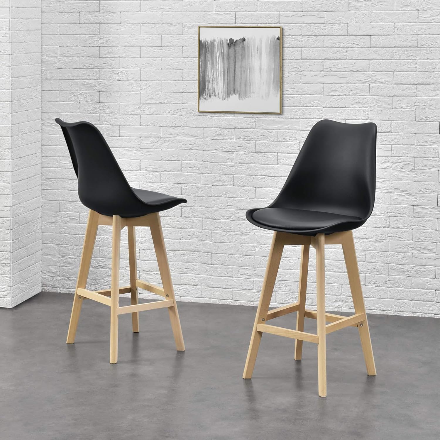 Taburete Alto Cocina con Respaldo, Asiento Blando y Tapizado, Patas Altas Resistentes de Madera de Haya con Reposapiés, Sillas Nórdicas, Negro, 2 Unidades