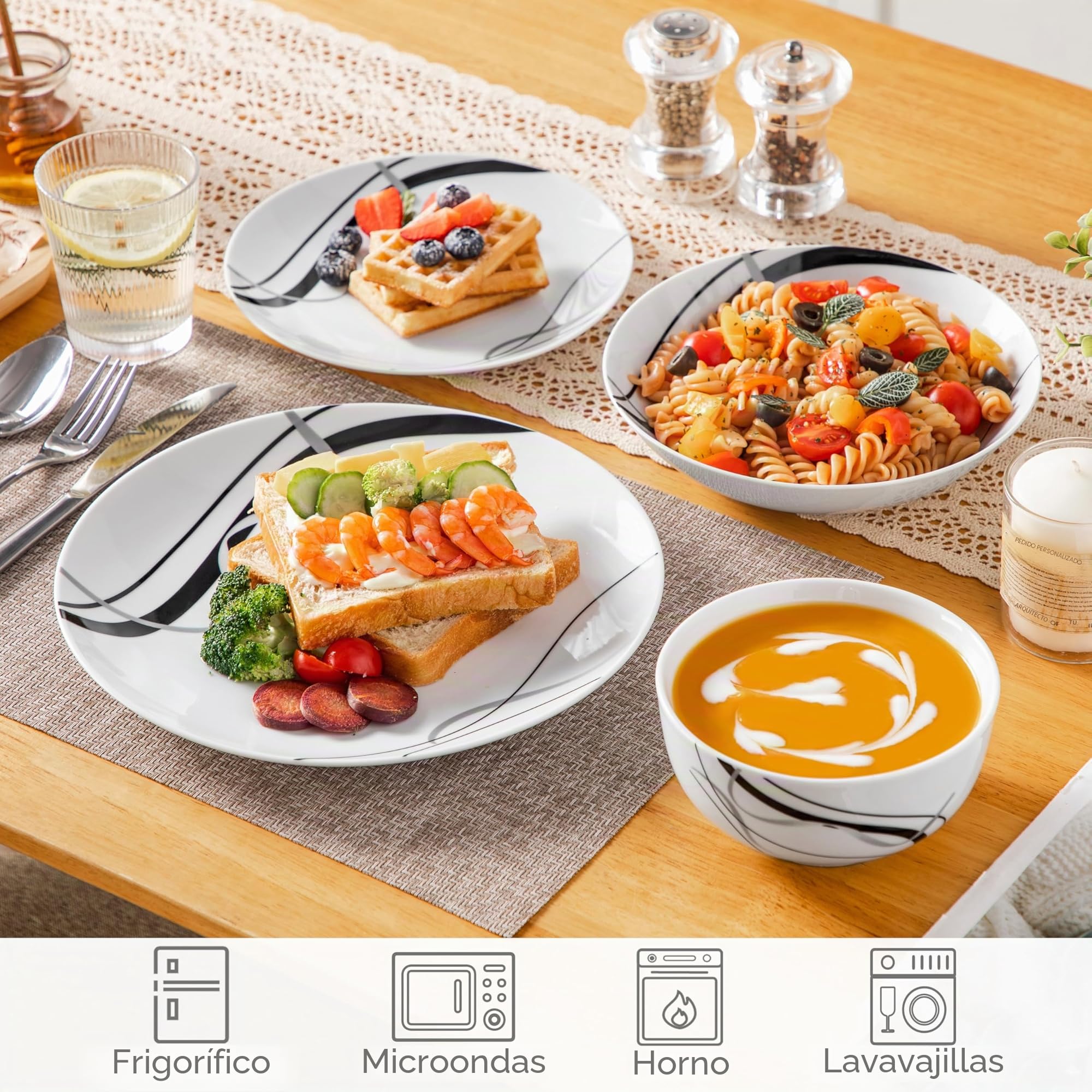 VEWEET Serie FIONA Vajilla Completa de Porcelana para 6 Personas, 24PCS con Platos Llanos, Platos de Postre, Cuencos para Pasta y Cuencos para Cereal, Blanco con Diseño de Líneas Negras y Plateadas | Vajilla moderna, juego de vajilla con 6 platos llanos,