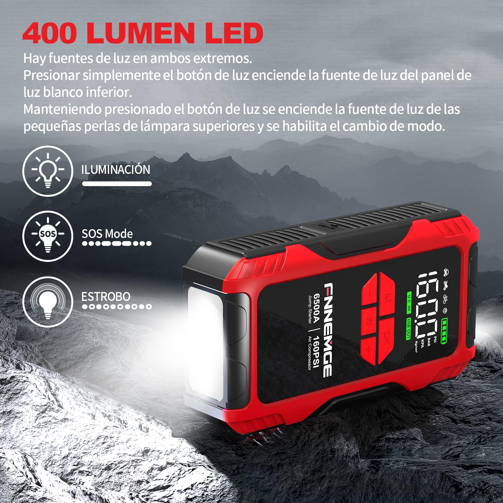 FNNEMGE Arrancador de Coches 6500A 26800mAh con 160PSI Compresor de Aire, Arrancador Batería Coche (para Todos los vehículos de Gasolina o de 10,0L de diésel), con Salida USB, 2 Luz LED, Pantalla HD.