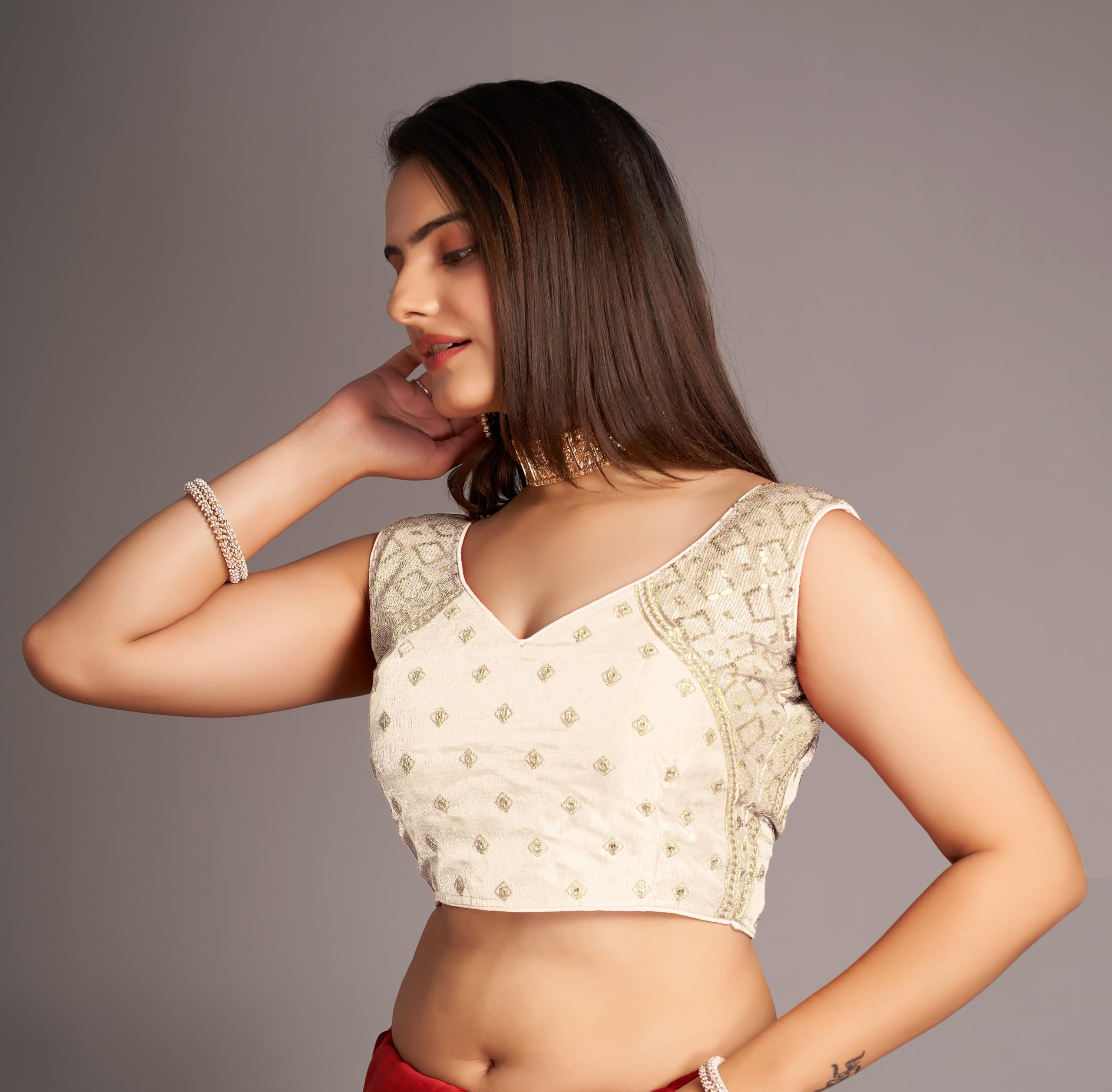 Pujia Mills Women's Sequin Embroidered V Neck Sleeveless White Readymade Saree Blouse Indian Ethnic Stitched Padded Blouses For Women