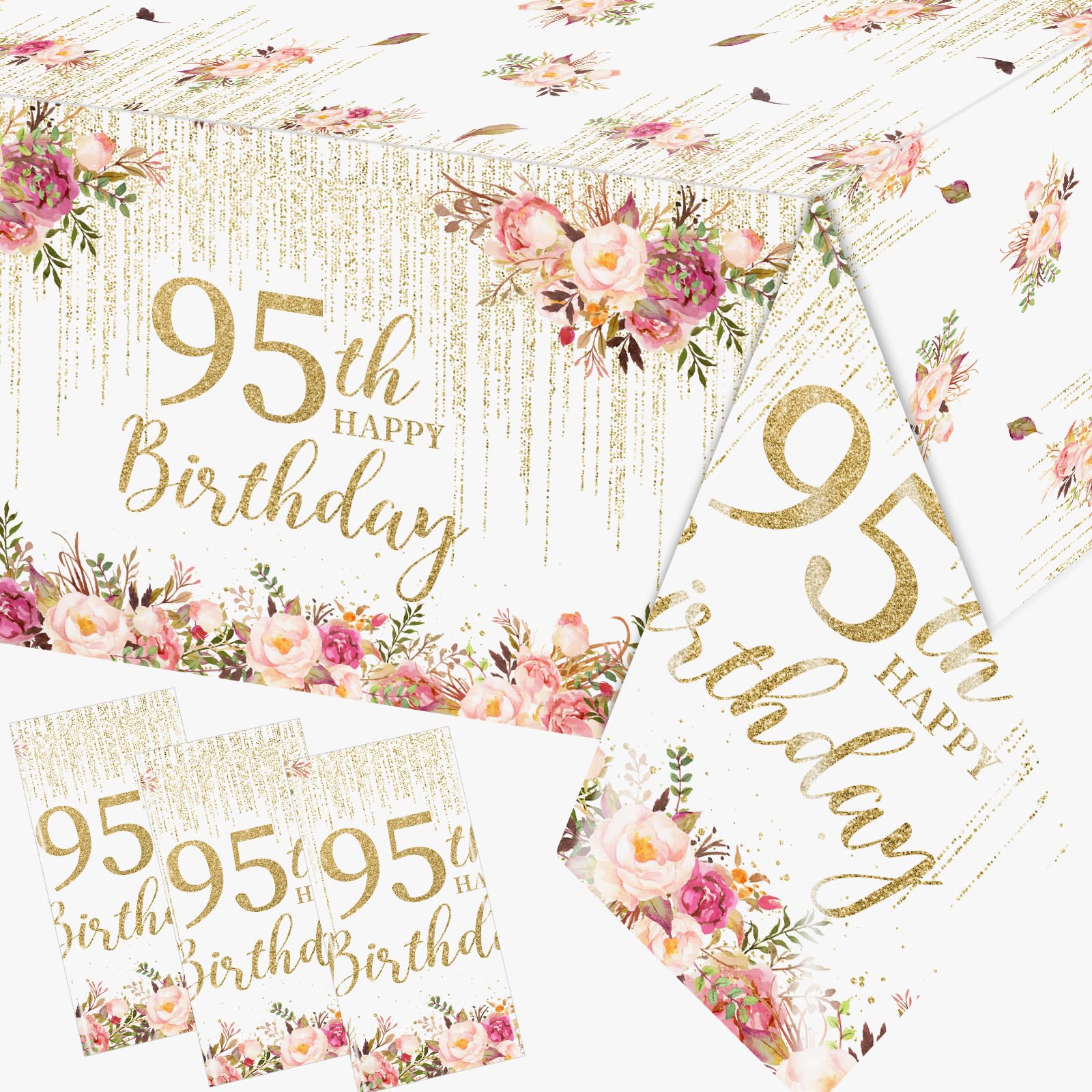 95th Birthday Decorations Tablecloth, 3Pcs Rose Gold 95th Birthday Tablecloth Rectangular Plastic 95th Happy Birthday Decorations for Women,70.8 * 42.5inch