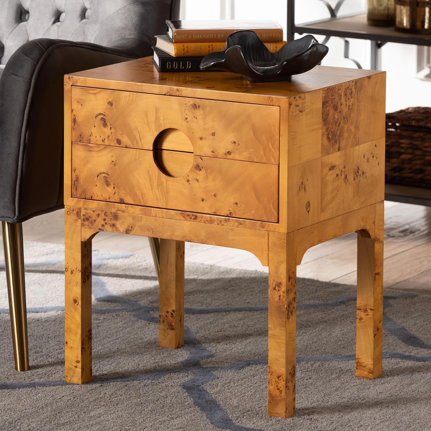 Bali & pari Kayla Modern and Contemporary Real Mappa Burl Wood 2-Drawer Nightstand