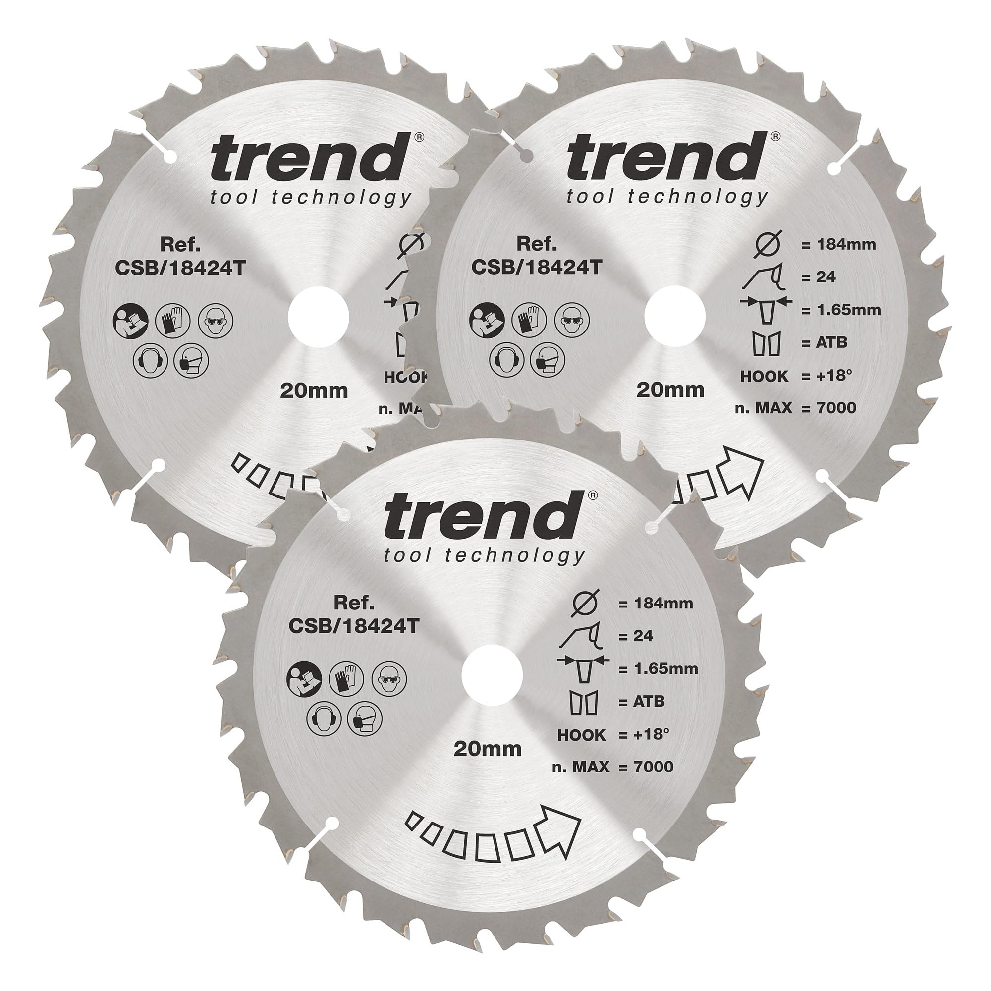Trend Wood Cordless Circular Saw Blade, 184mm Diameter, 20mm Bore, 24 Teeth, 1.65mm Kerf, 18° Hook, TCT, Coarse Finish, 3 Pack, CSB/184/3PK/B
