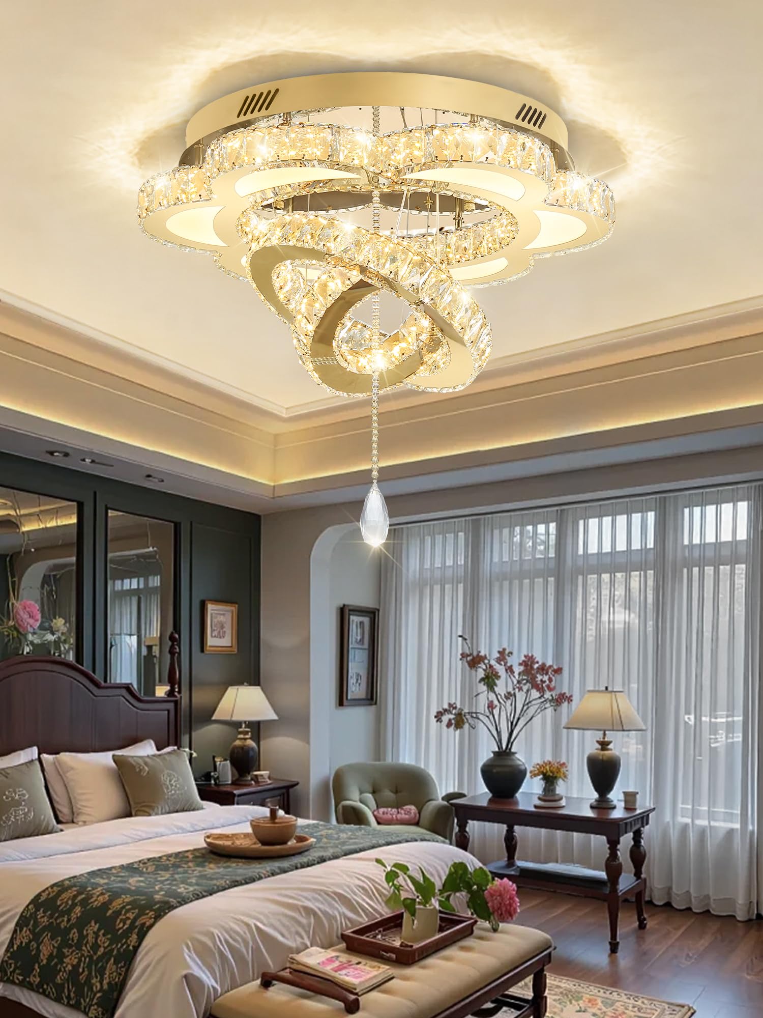 Photo 1 of ykolupty W48 Big Chandelier Crystal Gold Ceiling Light Fixtures LED Flush Mount Ceiling Light for Living Room Bedrooms Dining Room Dimmable 2700k 4500k 6000k