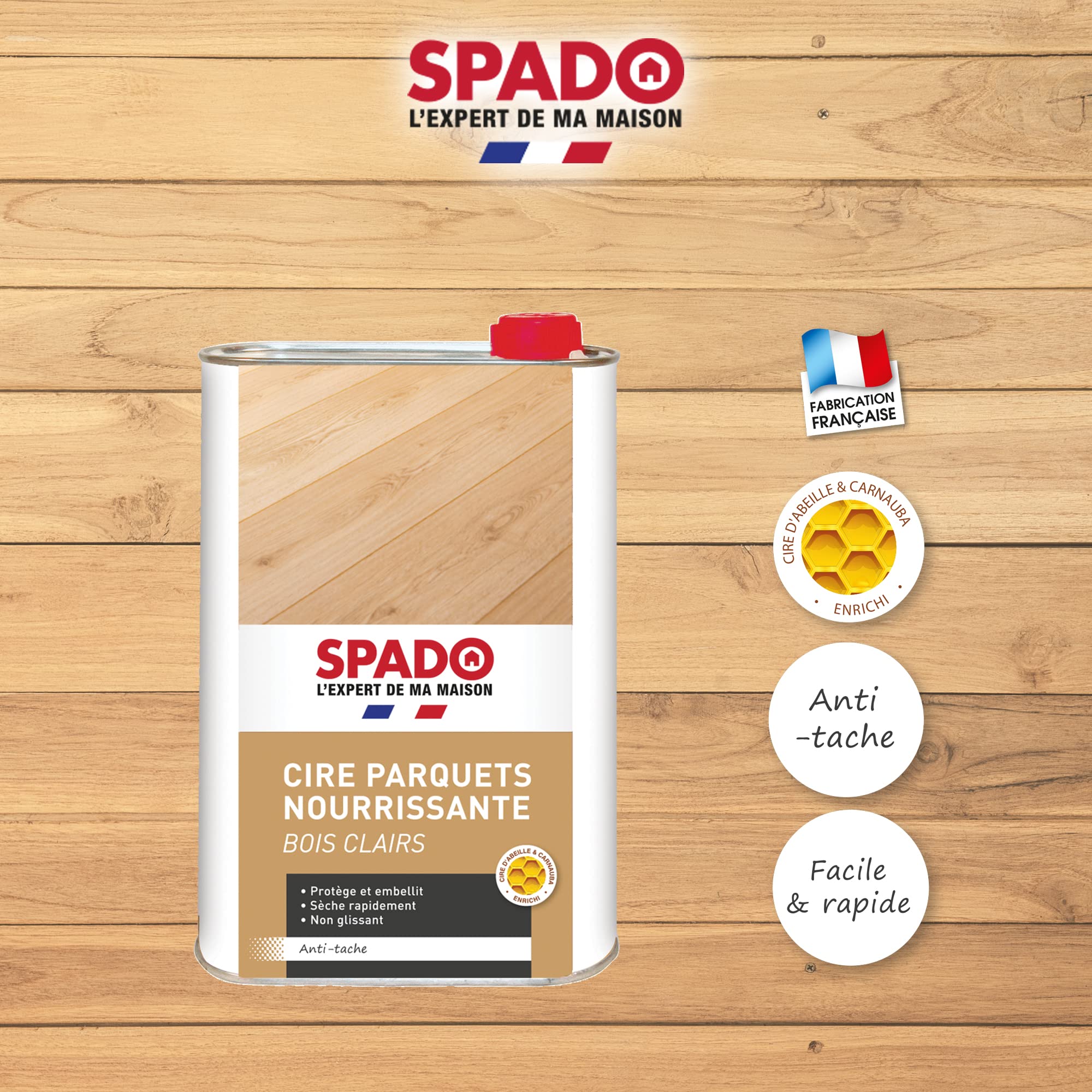 SPADO - Cire nourrissantes parquets bois clairs - nourrit et protège - sèche rapidement - anti tache - non glissant - cire d'abeille - 1L - Fabriqué en France