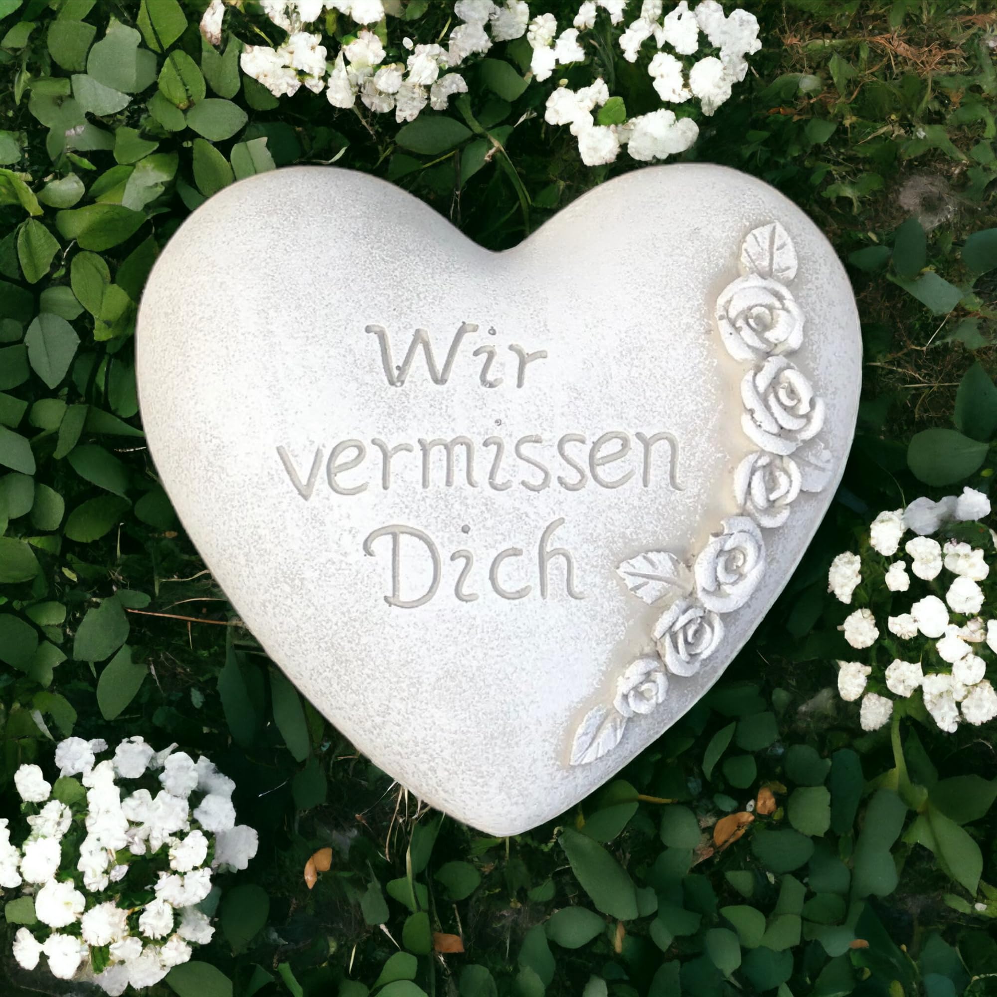 Radami Grabherz Gedenkstein – Steinguss-Herz Mit Rosenranke, 9,5x9,5 Cm, Wetterfest, Antik Grau
