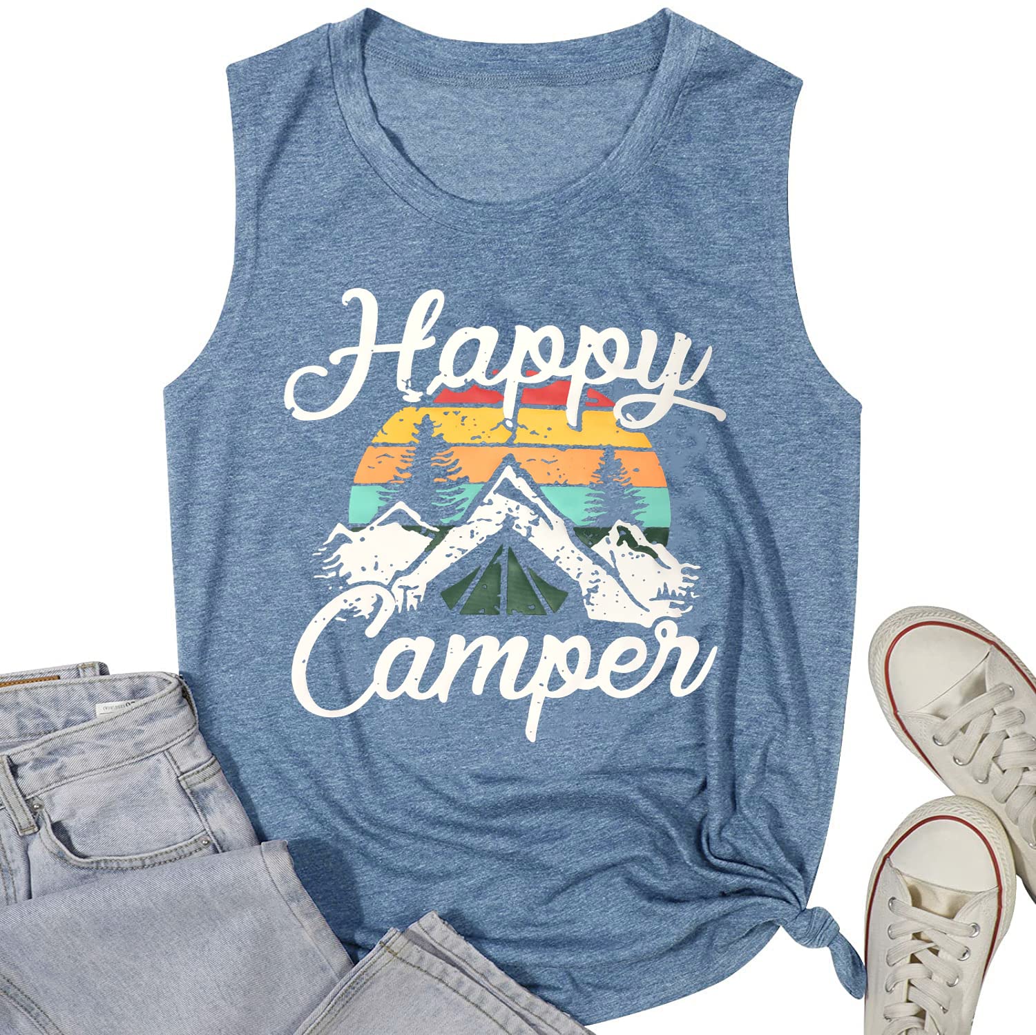 Happy Camp T-Shirt Women Hiking Mountain Adventure Novelty Workout Funny Saying Cute Graphic Athletic Shirt
