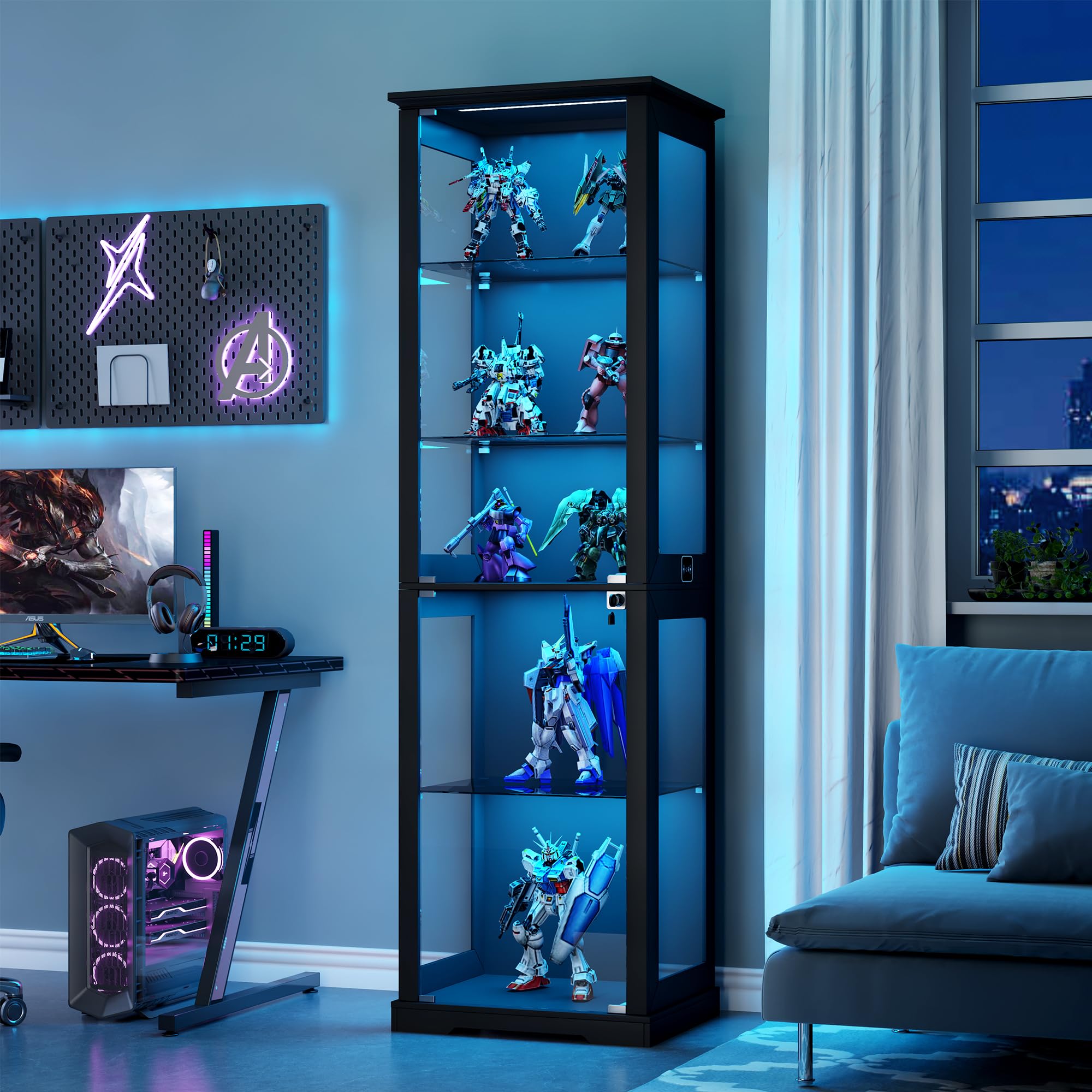 Lvifur Vitrina de cristal de 5 capas de 180 cm, con iluminación LED y puertas de cristal, color negro | Vitrina con sensor inteligente para coleccionables