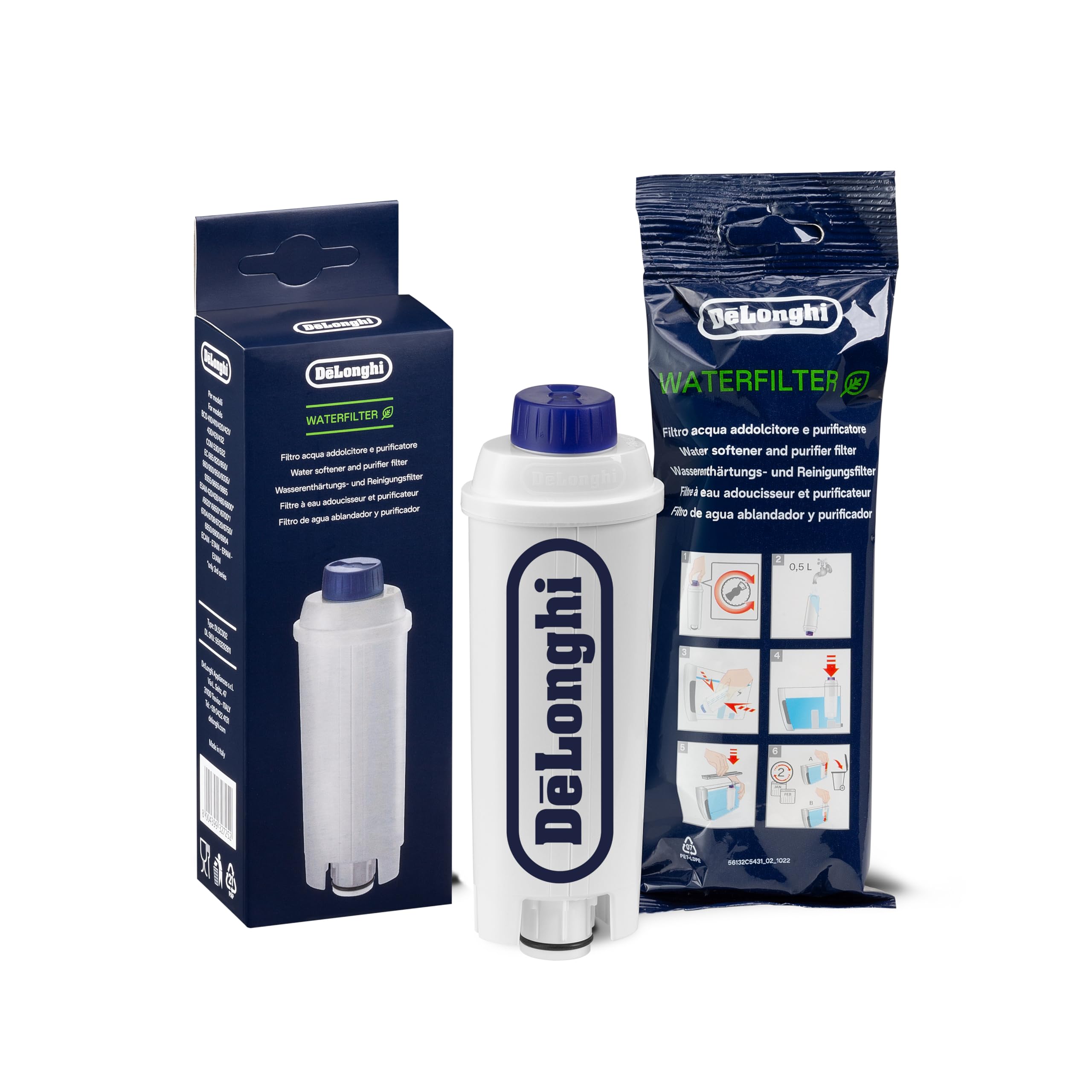 De'Longhi Original Wasserfilter DLSC002 - Zubehör für De'Longhi Kaffeevollautomaten mit Wasserfilter,Pflege und Schutz der Maschine,optimiert die Kaffeequalität und schützt vor Kalk,‎0.5 L,Weiß,1 Pack