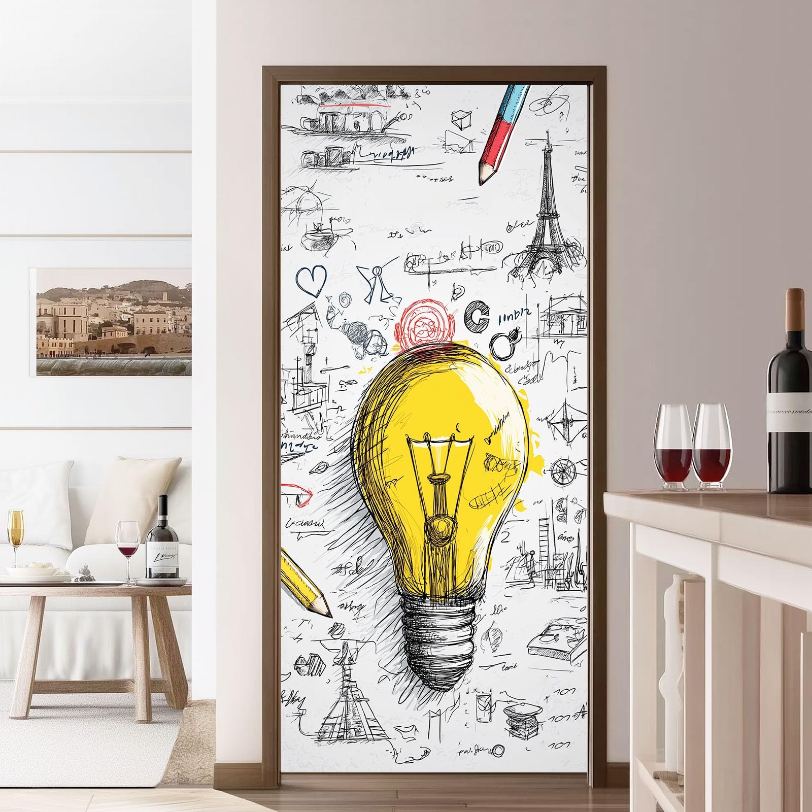 Naklejka na drzwi 3D, samoprzylepna, PCW, 90 x 200 cm, zdejmowana, szara, wodoszczelna, do sypialni, kuchni, łazienki, biura, dekoracja na drzwi - nowoczesna ilustracja Doodle żarówka motyw wnętrza