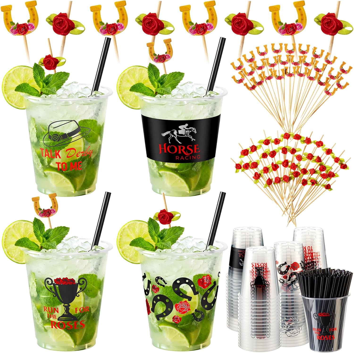 Sabary 100 Sets Derby Plastic Cups Bulk 12 oz Clear Disposable Horse Racing Cups with Straws, Horseshoe Food and Appetizer Picks and Rose Flower Cocktail Picks for Derby Party Supplies