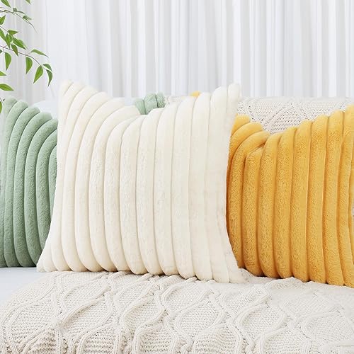 Miniatura 6 de decorUhome - Juego de 2 fundas para cojín de piel sintética, decorativas, afelpadas, suaves, a rayas, parte posterior de terciopelo para sofá, cama,